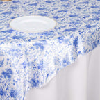 Satin 72"x72" Table Overlay Square Tablecloth White Blue - French Toile Floral Design for Stylish Celebrations - Bell Racket Store