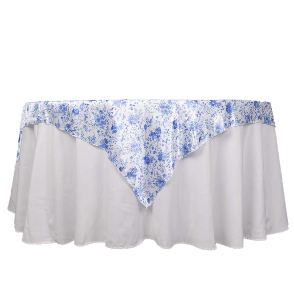 Satin 72"x72" Table Overlay Square Tablecloth White Blue - French Toile Floral Design for Stylish Celebrations - Bell Racket Store