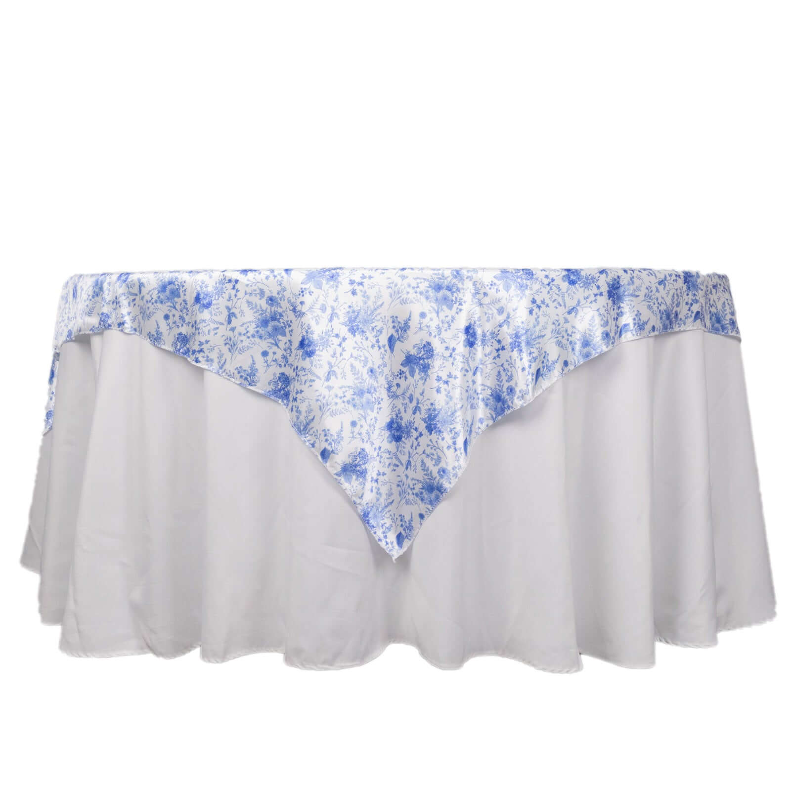 Satin 72"x72" Table Overlay Square Tablecloth White Blue - French Toile Floral Design for Stylish Celebrations - Bell Racket Store