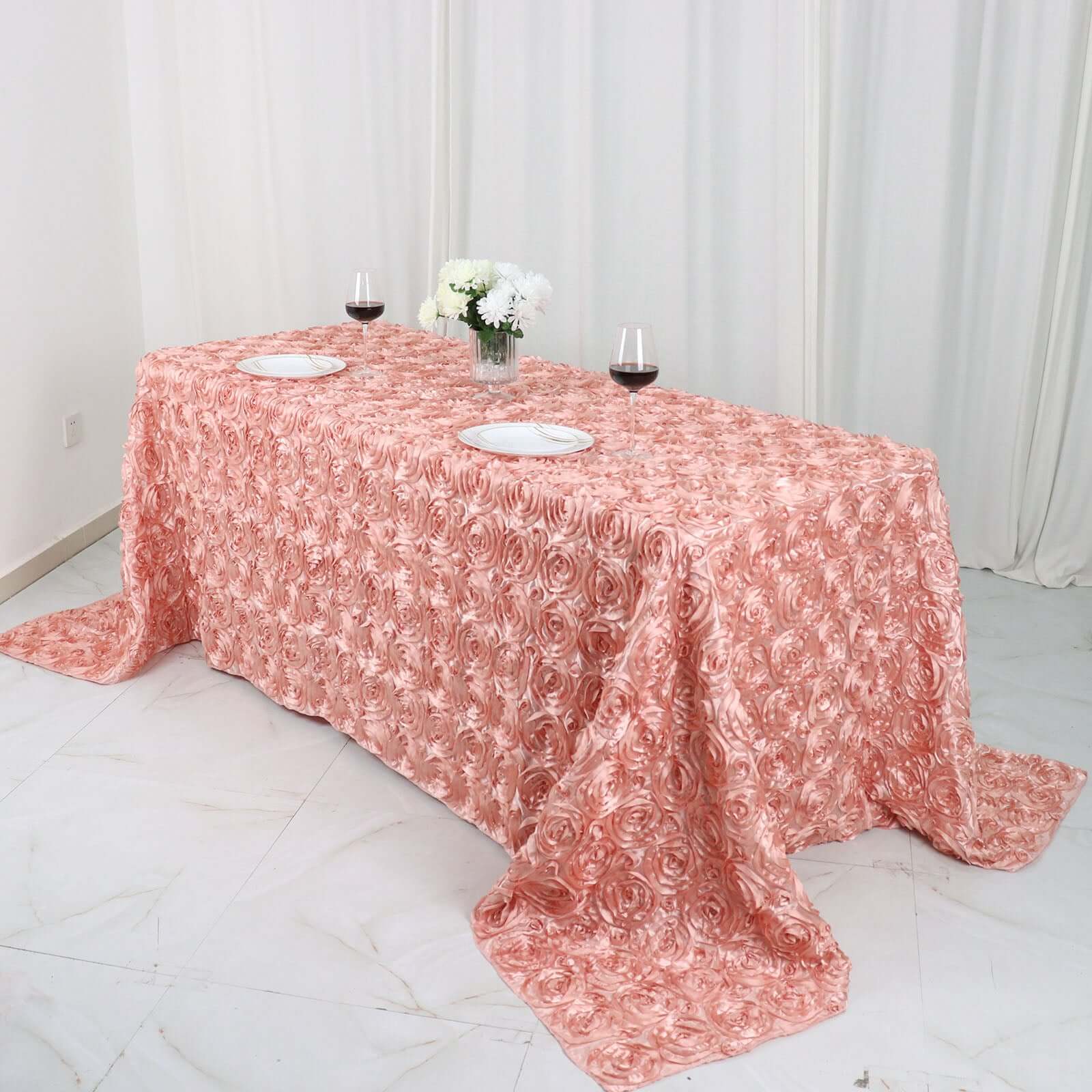 Satin 90"x132" Rectangle Tablecloth Dusty Rose - Grandiose 3D Rosette Seamless Table Cover - Bell Racket Store
