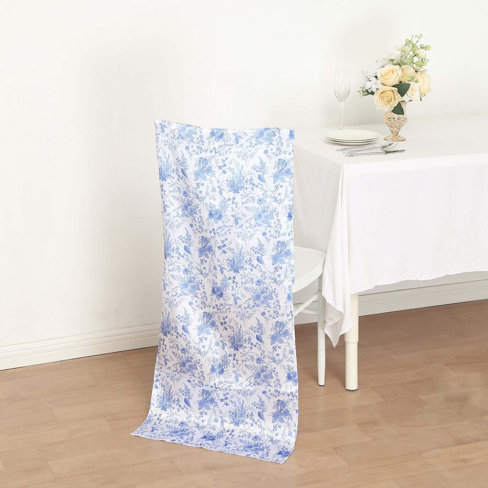 Satin Chair Slipcover French Toile Floral Print for Chiavari Chairs White/Blue - Stylish Wedding Chair Back Cover - Bell Racket Store