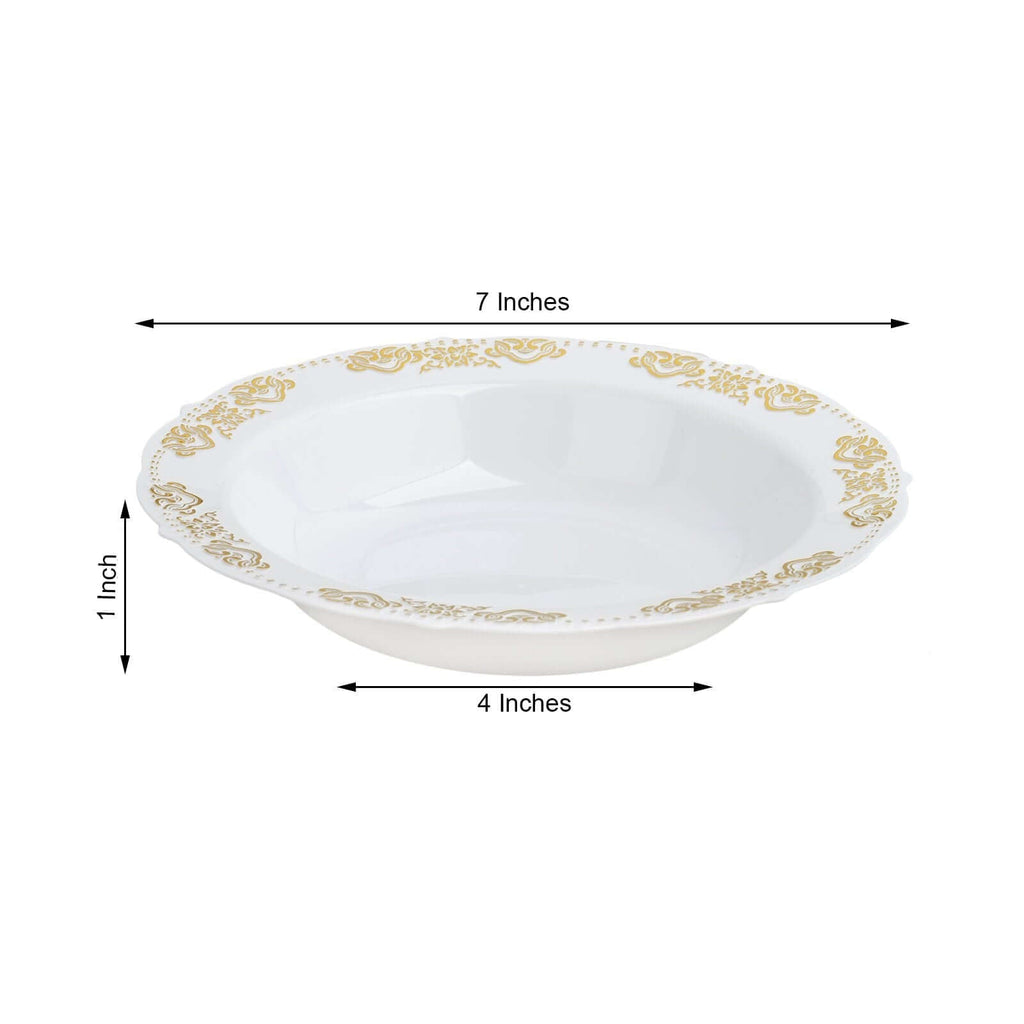 10-Pack Plastic Round Soup Bowl in White with Gold Embossed Scalloped Rim - Sturdy Disposable Salad Dessert Bowls for Catering & Events 12oz
