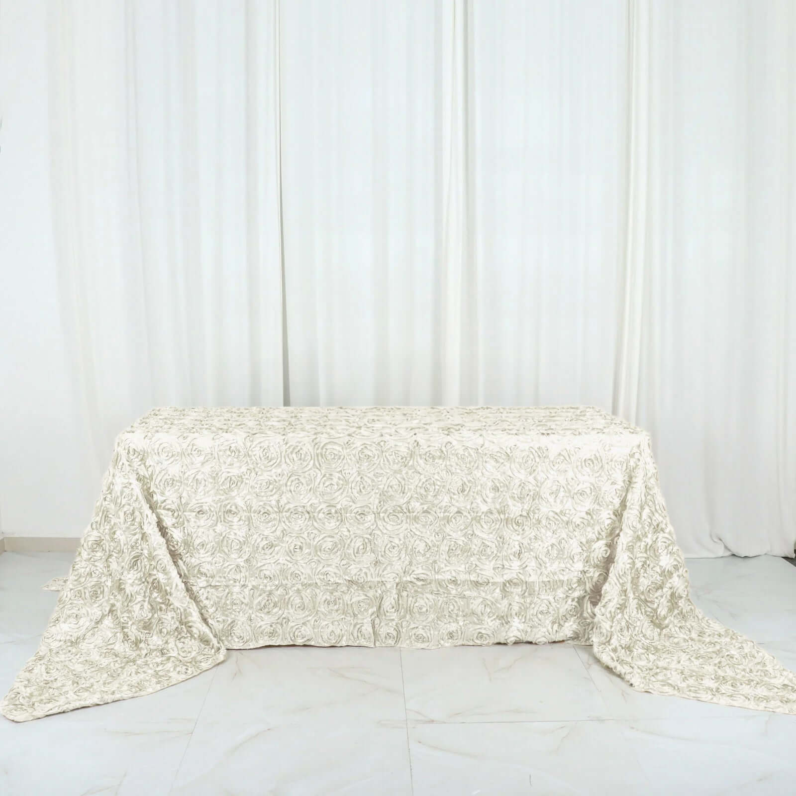 Satin 90"x156" Rectangle Tablecloth Ivory - Grandiose 3D Rosette Table Cover with Seamless Finish