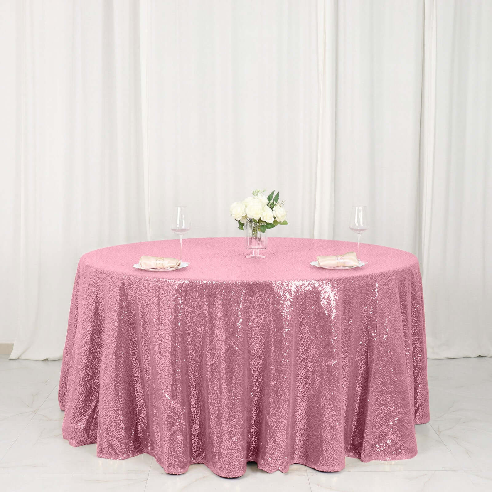 Sequin 120" Round Tablecloth Pink - Seamless Glittering Table Cover