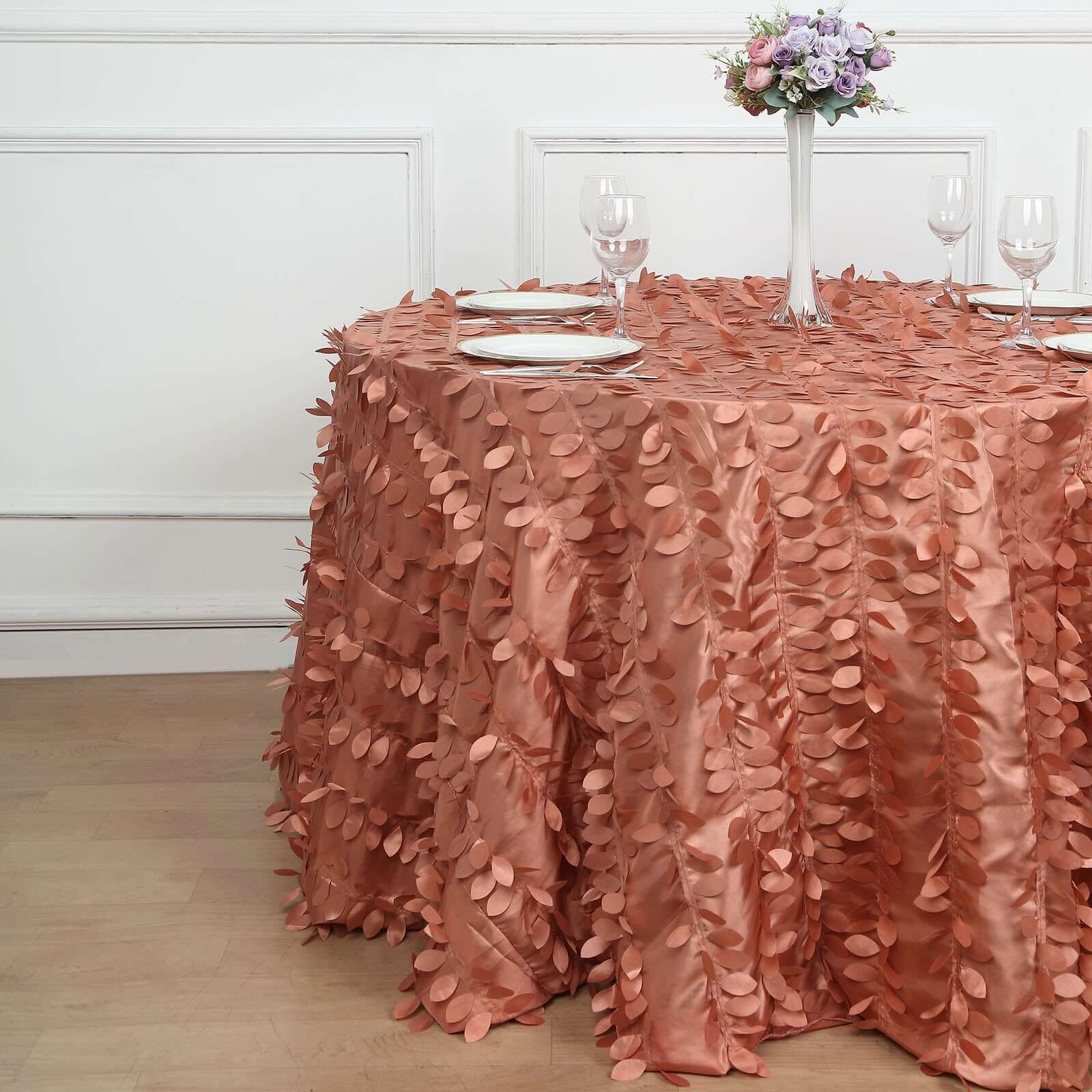 Taffeta 120" Round Tablecloth Terracotta (Rust) | 3D Leaf Petal Design Seamless Table Cover