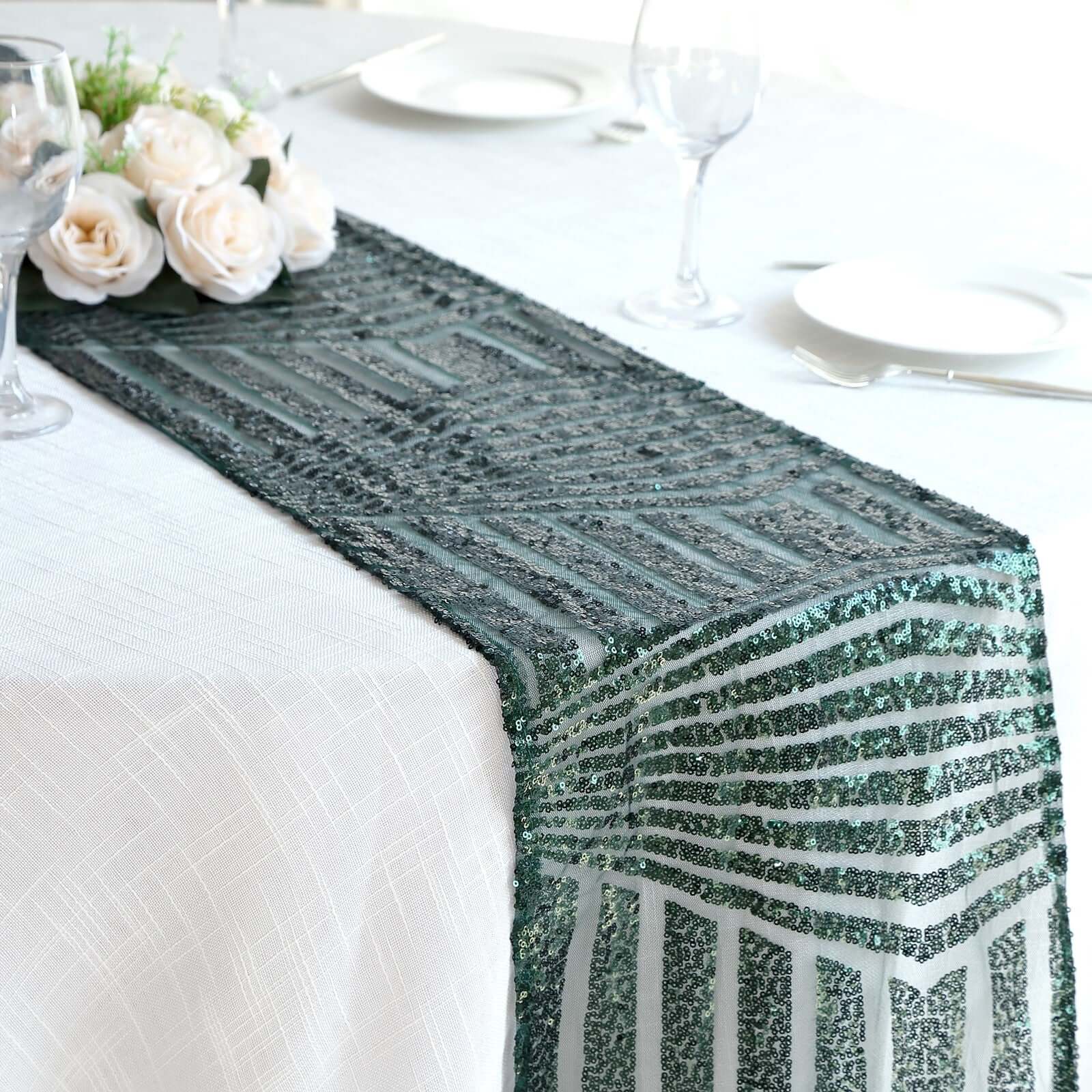 Sequin 12"x108" Table Runner Hunter Emerald Green - Diamond Glitz Design - Bell Racket Store