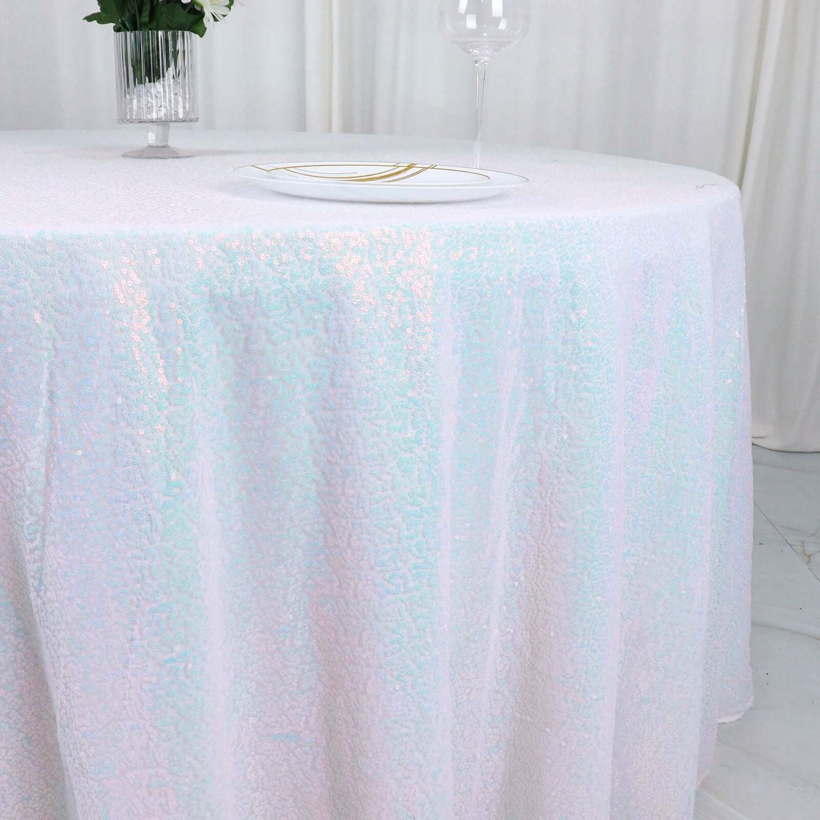Sequin 132" Round Tablecloth Iridescent Blue - Seamless Dazzling Table Cover - Bell Racket Store