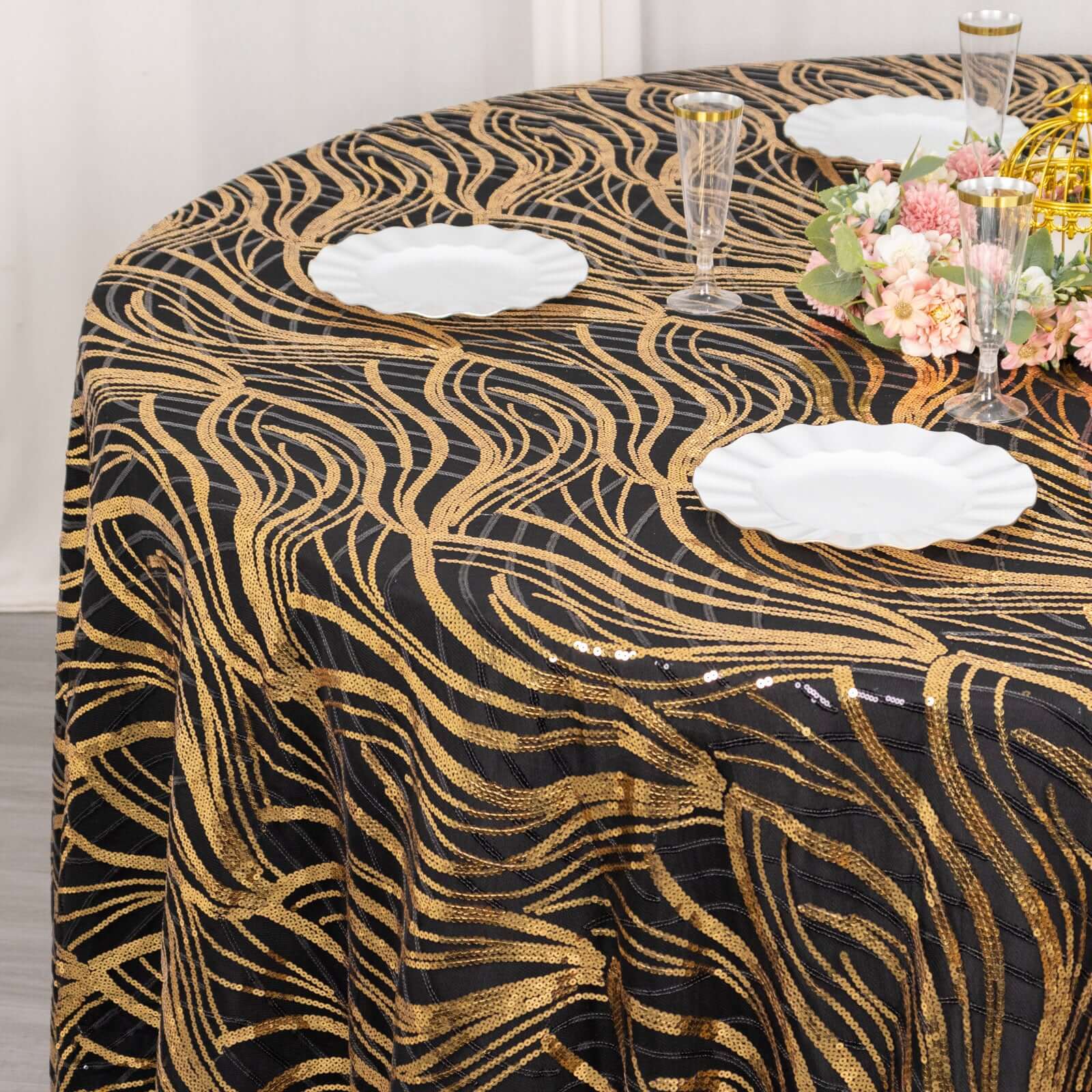 Sequin Mesh 120" Round Tablecloth Black/Gold - Seamless Wave Embroidered Table Cover - Bell Racket Store