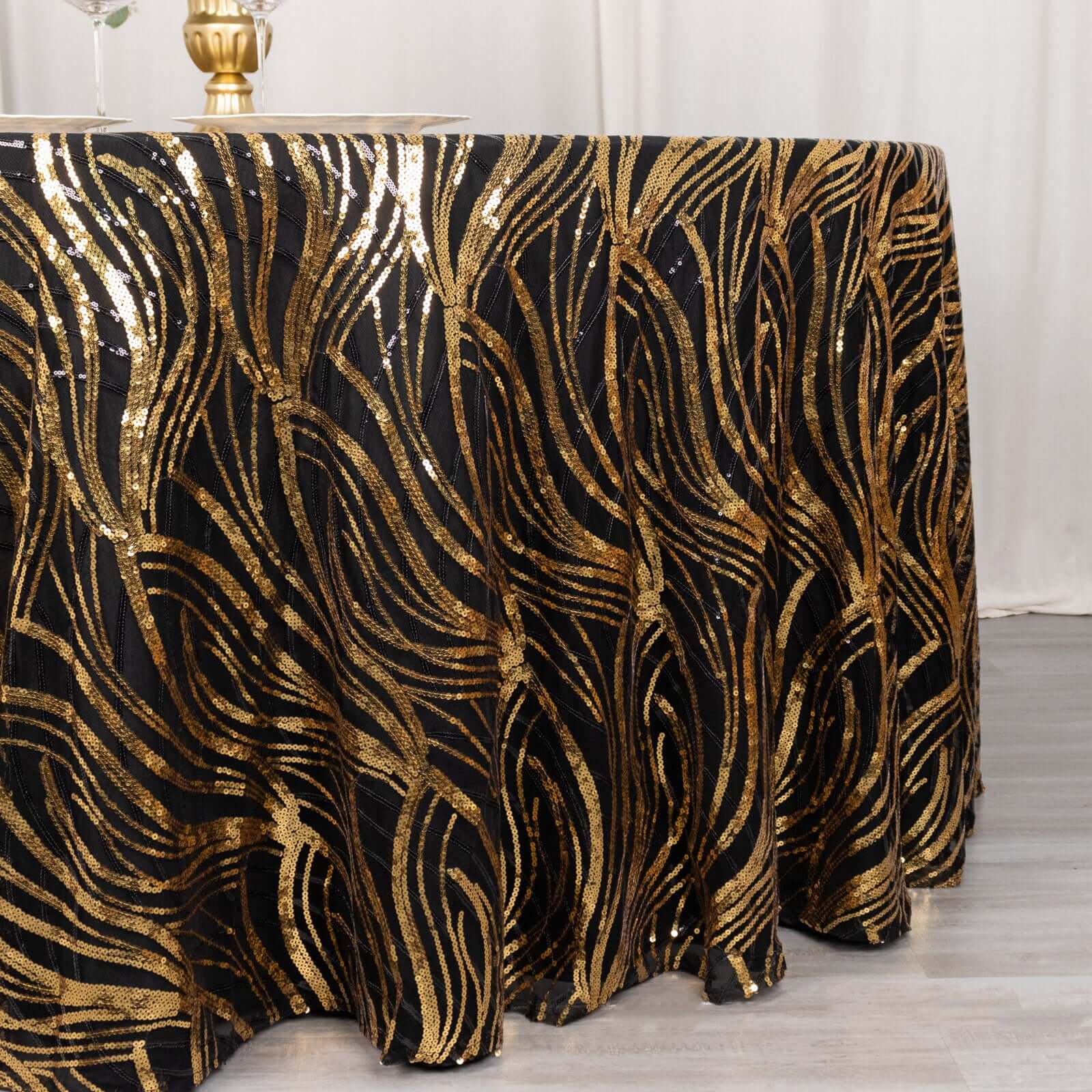 Sequin Mesh 120" Round Tablecloth Black/Gold - Seamless Wave Embroidered Table Cover - Bell Racket Store