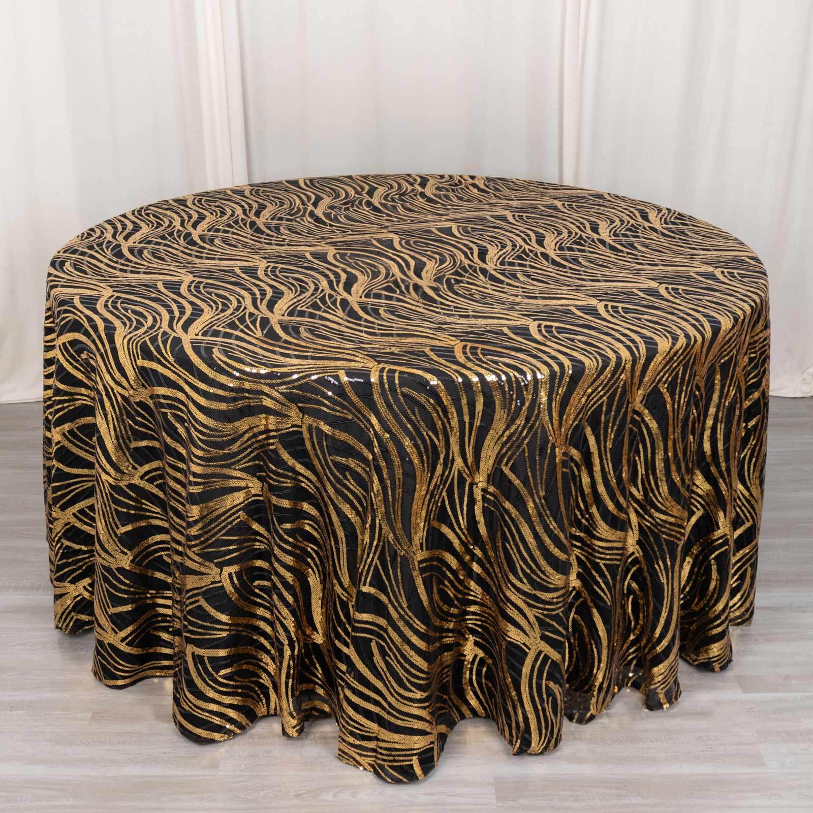 Sequin Mesh 120" Round Tablecloth Black/Gold - Seamless Wave Embroidered Table Cover - Bell Racket Store