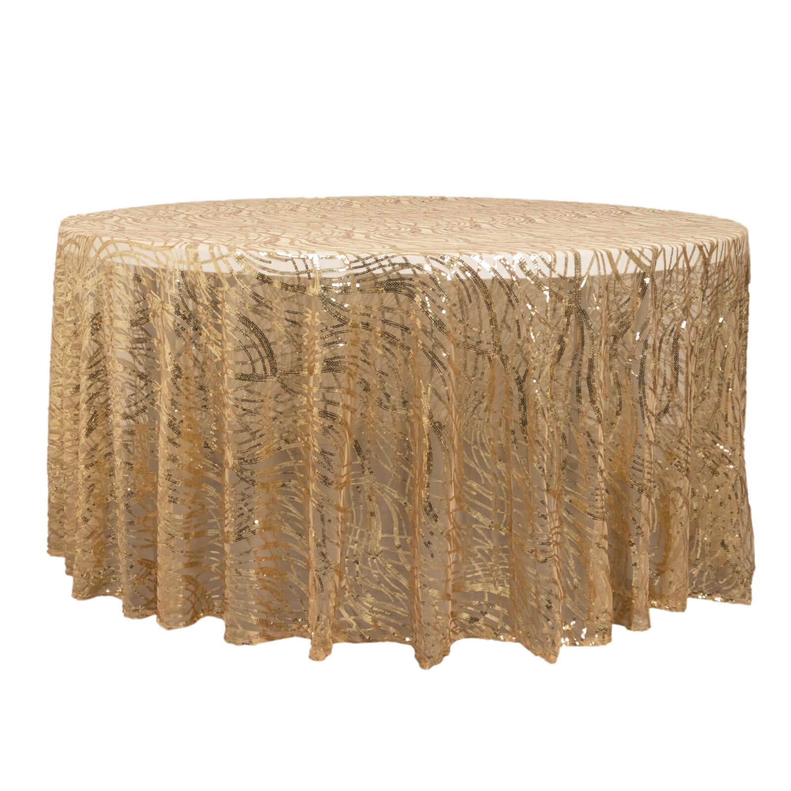Sequin Mesh 120" Round Tablecloth Champagne - Seamless Wave Embroidered Table Cover - Bell Racket Store