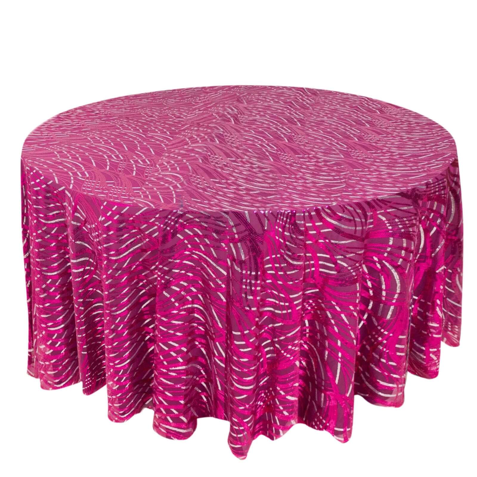Sequin Mesh 120" Round Tablecloth Fuchsia/Silver - Seamless Wave Embroidered Table Cover - Bell Racket Store