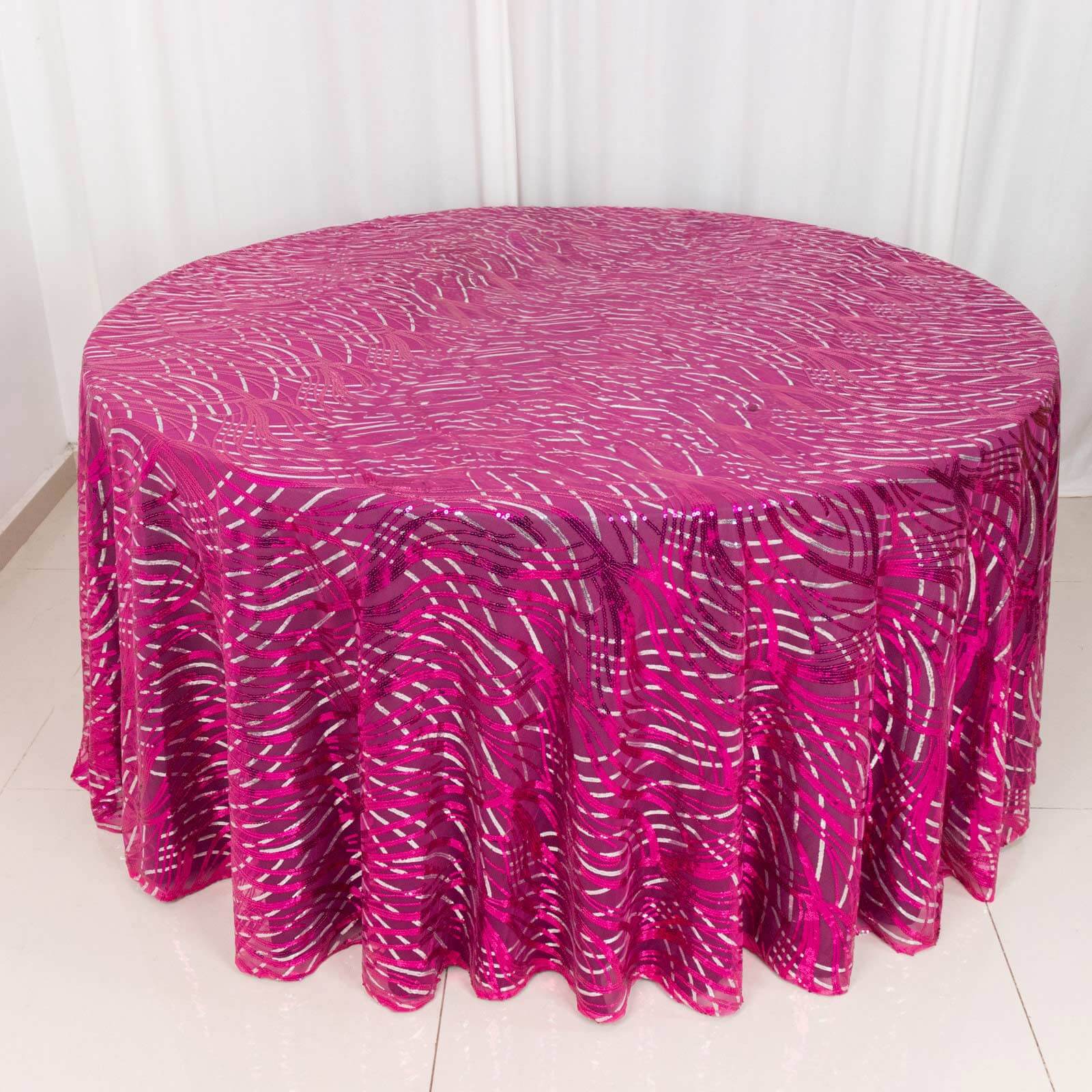 Sequin Mesh 120" Round Tablecloth Fuchsia/Silver - Seamless Wave Embroidered Table Cover - Bell Racket Store