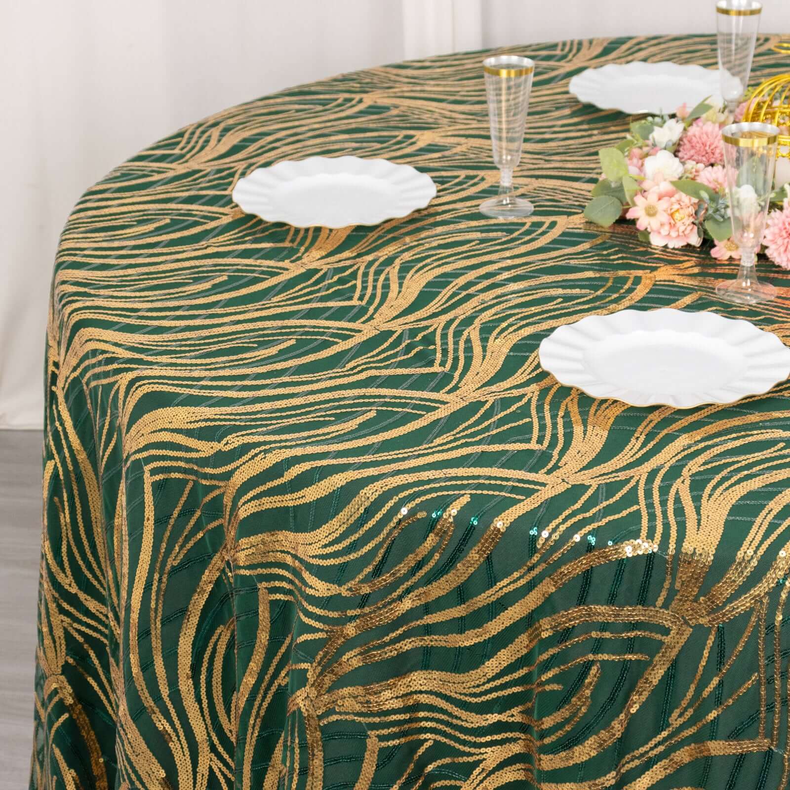 Sequin Mesh 120" Round Tablecloth Hunter Emerald Green/Gold - Seamless Wave Embroidered Table Cover - Bell Racket Store