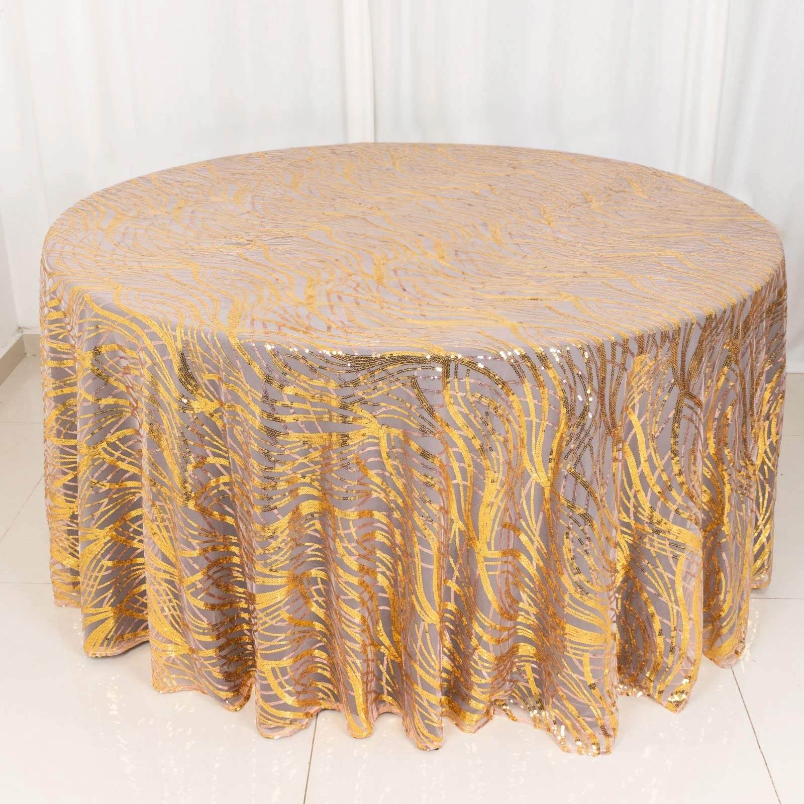 Sequin Mesh 120" Round Tablecloth Rose Gold/Gold - Seamless Wave Embroidered Table Cover - Bell Racket Store