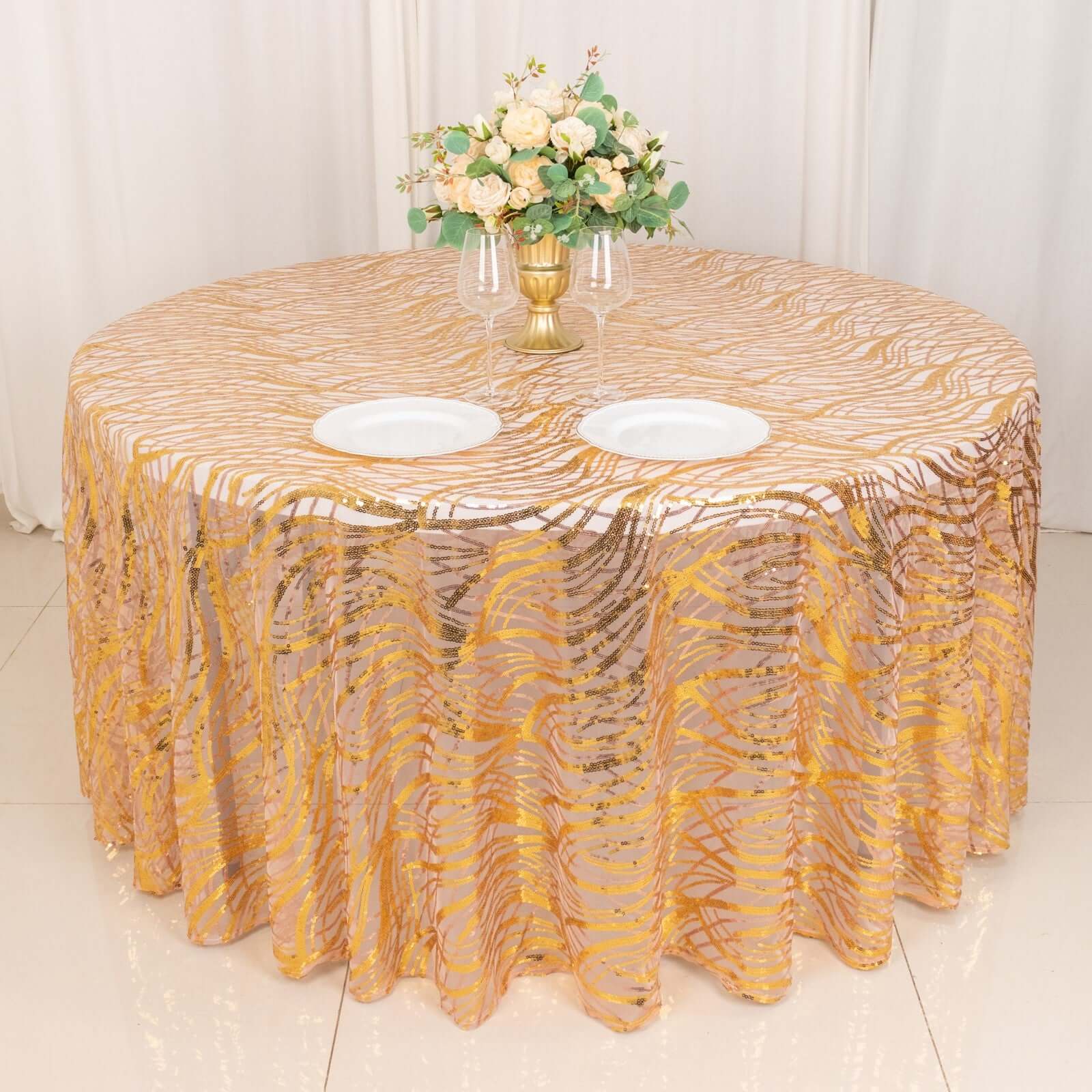 Sequin Mesh 120" Round Tablecloth Rose Gold/Gold - Seamless Wave Embroidered Table Cover - Bell Racket Store