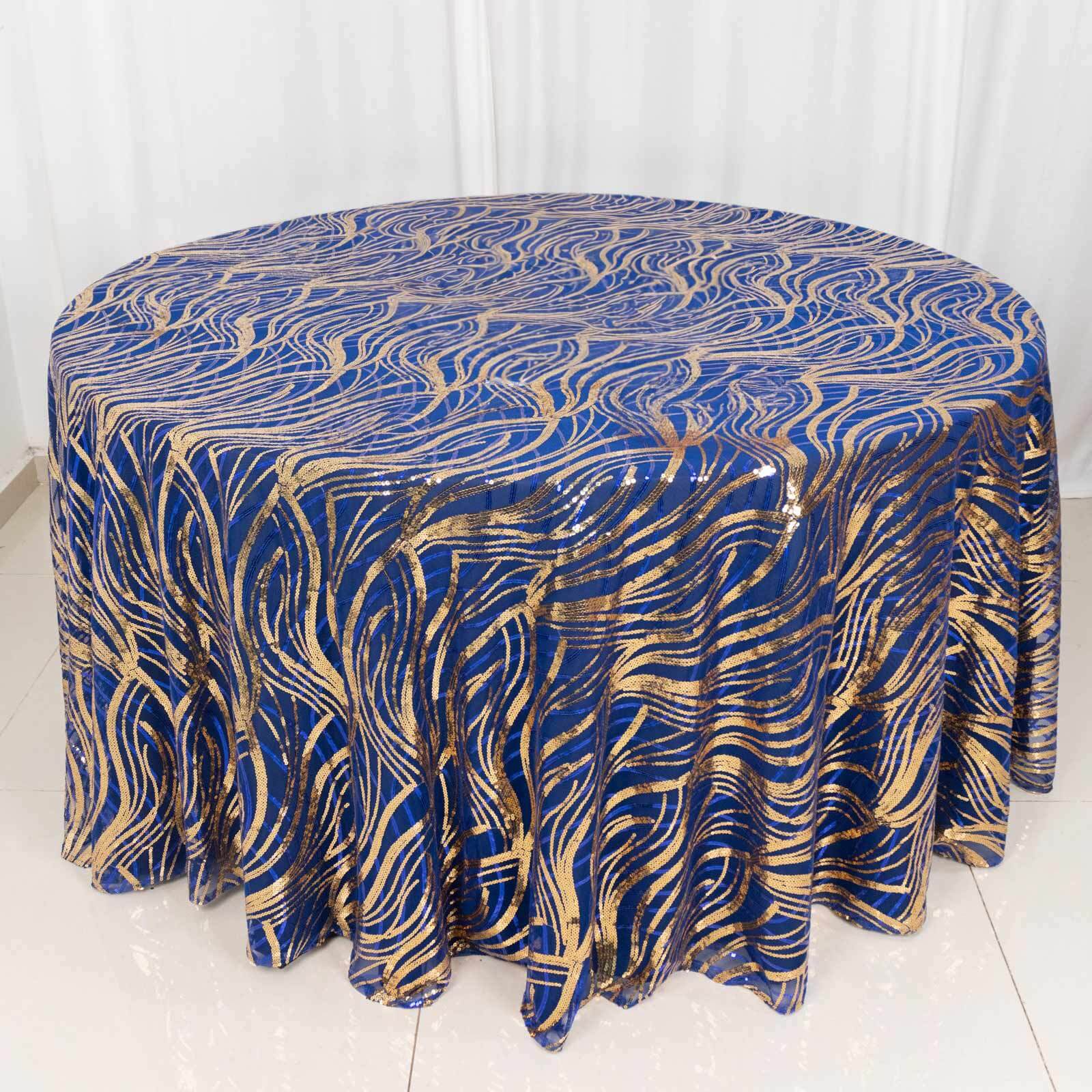 Sequin Mesh 120" Round Tablecloth Royal Blue/Gold - Seamless Wave Embroidered Table Cover - Bell Racket Store