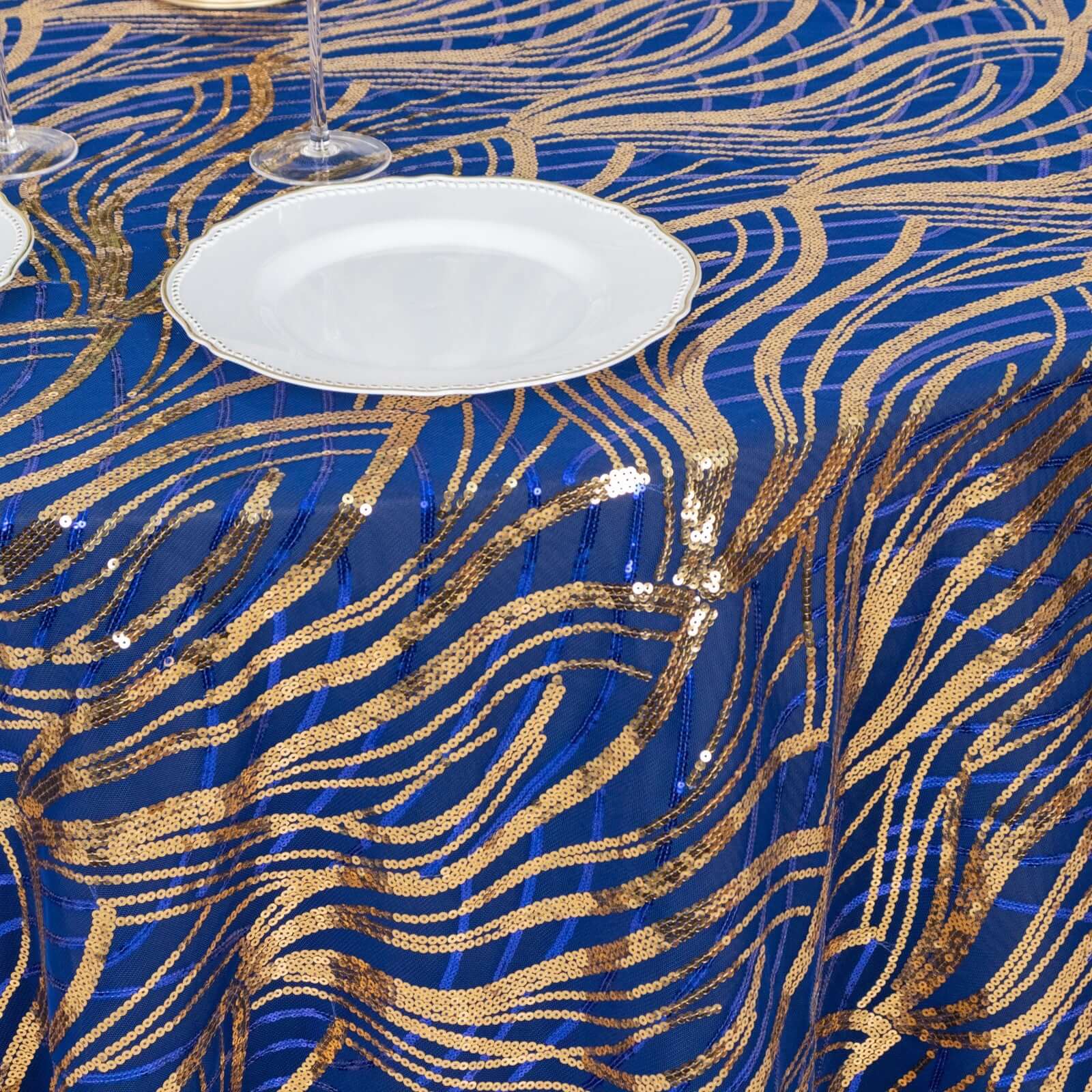Sequin Mesh 120" Round Tablecloth Royal Blue/Gold - Seamless Wave Embroidered Table Cover - Bell Racket Store