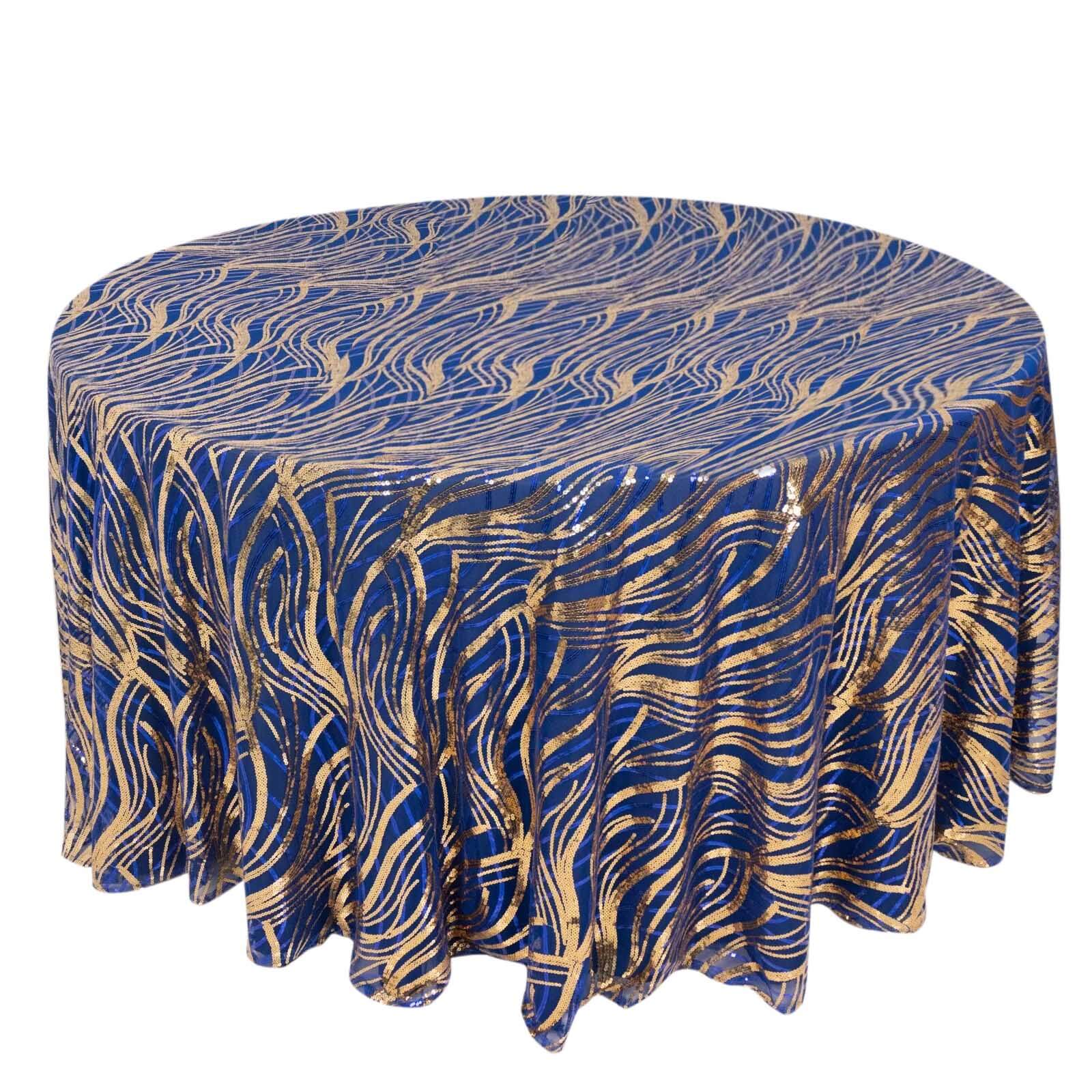 Sequin Mesh 120" Round Tablecloth Royal Blue/Gold - Seamless Wave Embroidered Table Cover - Bell Racket Store