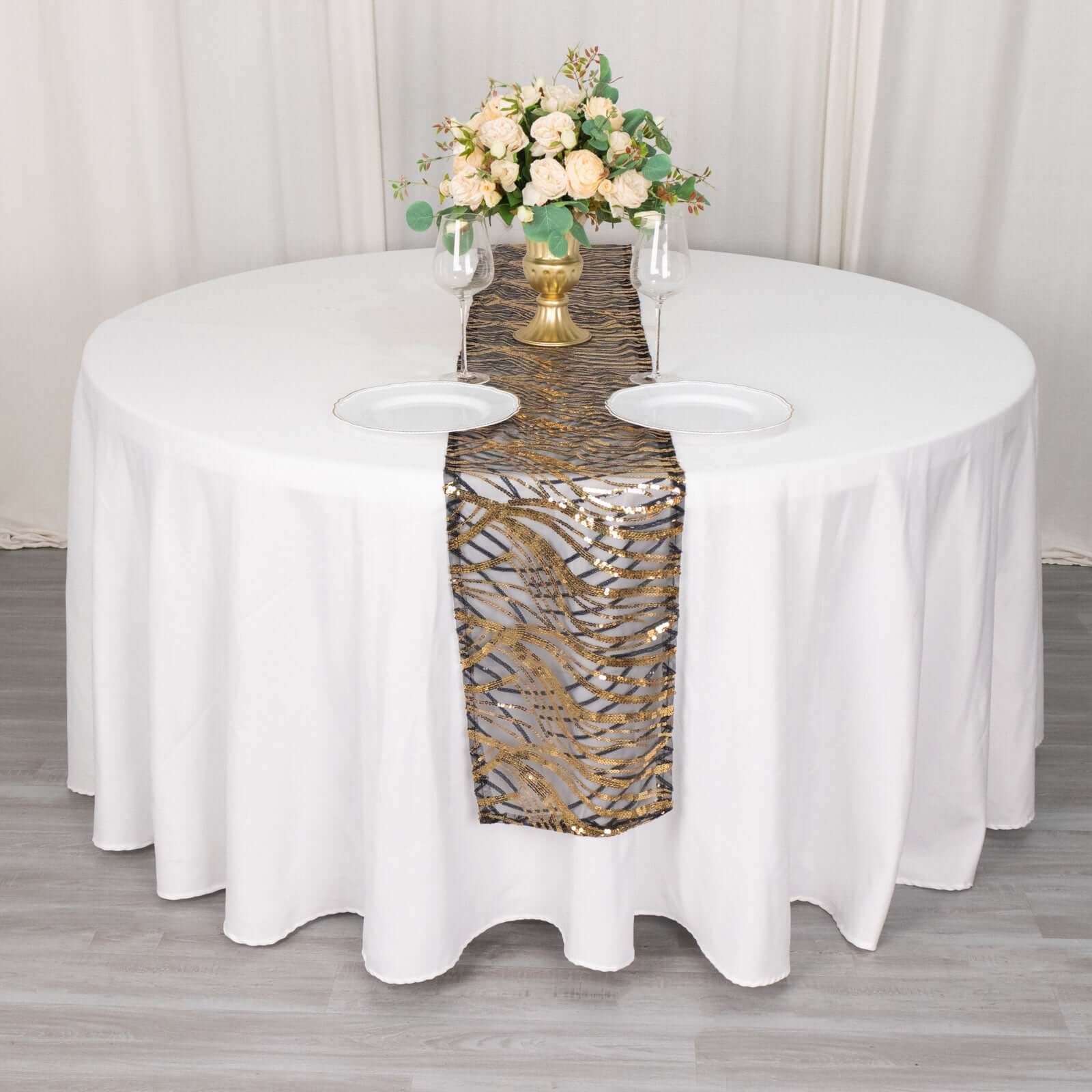Sequin Mesh 12"x108" Table Runner Black Gold Stylish Wave Embroidery - Bell Racket Store