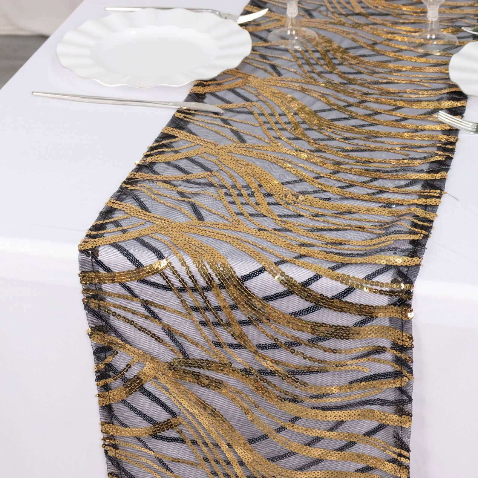 Sequin Mesh 12"x108" Table Runner Black Gold Stylish Wave Embroidery - Bell Racket Store