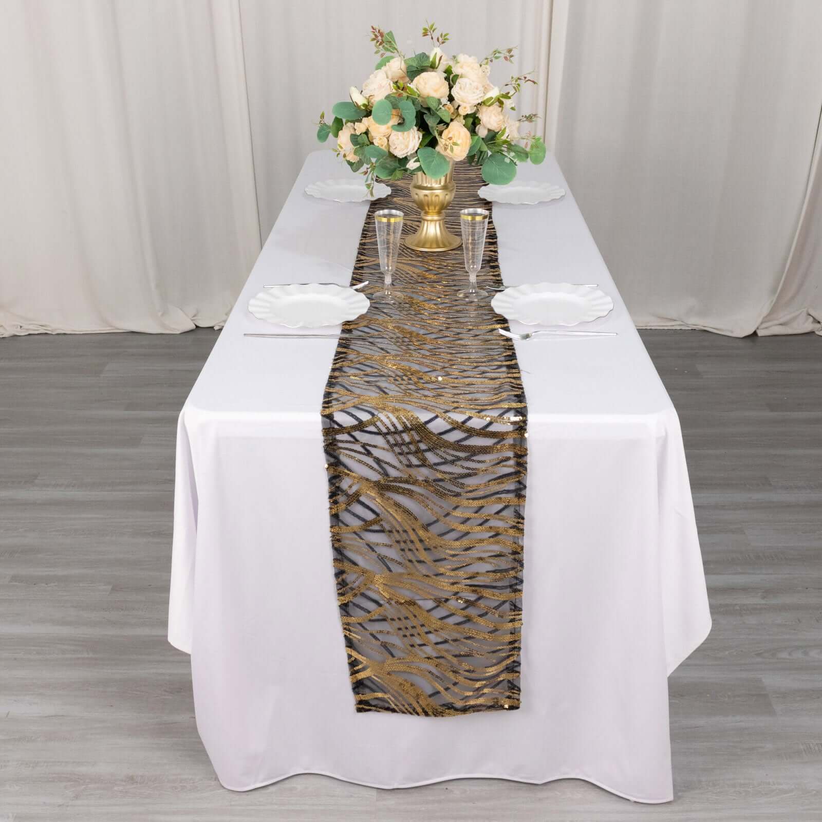 Sequin Mesh 12"x108" Table Runner Black Gold Stylish Wave Embroidery - Bell Racket Store