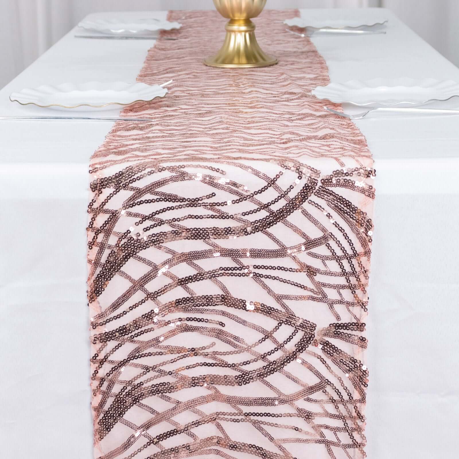Sequin Mesh 12"x108" Table Runner Blush Stylish Wave Embroidery - Bell Racket Store