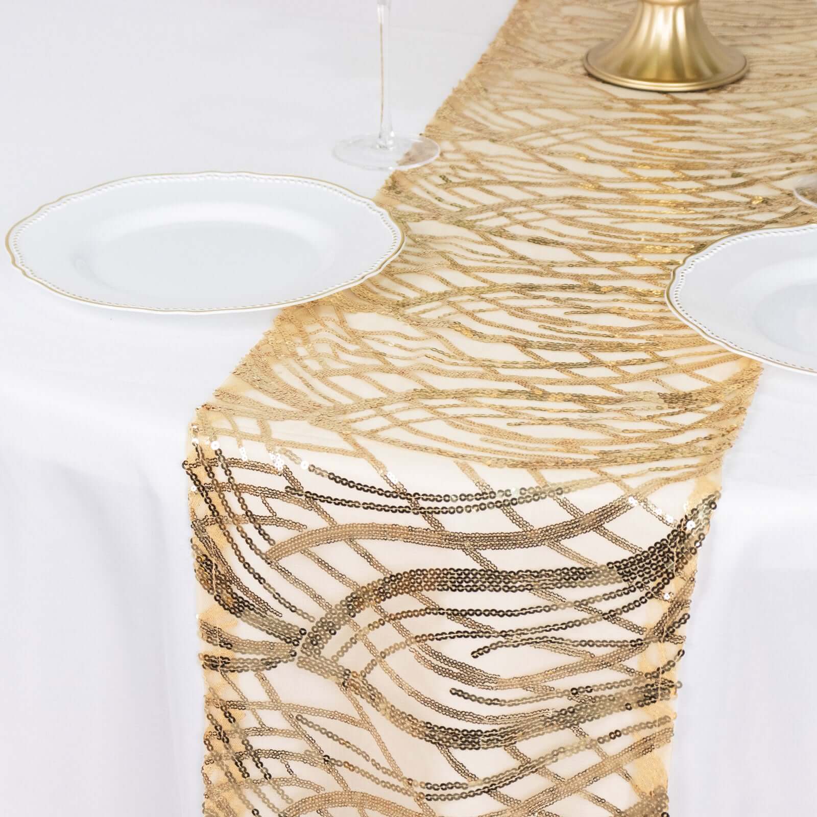 Sequin Mesh 12"x108" Table Runner Champagne Stylish Wave Embroidery - Bell Racket Store