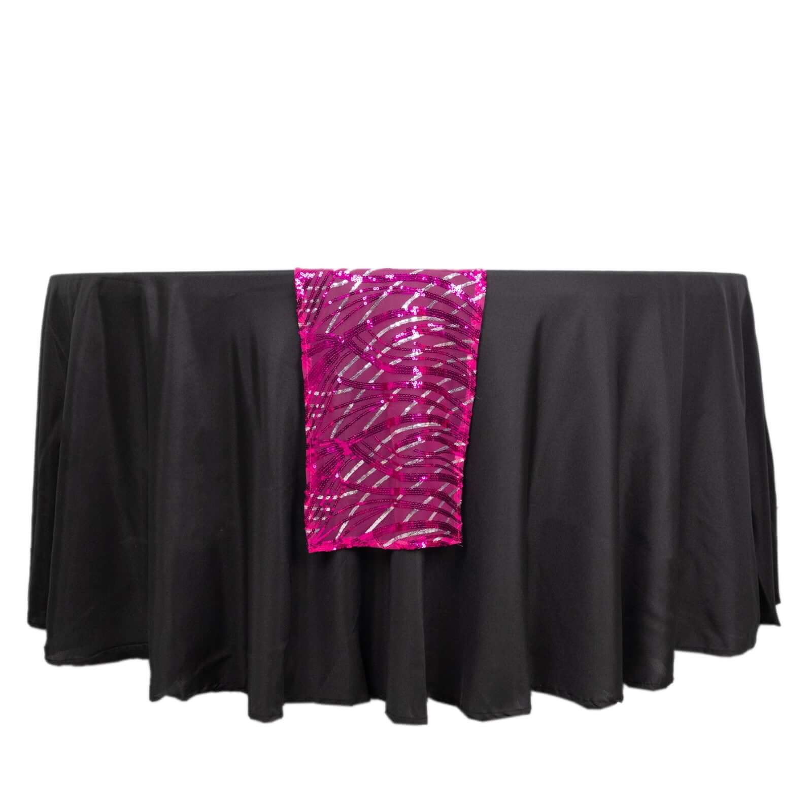 Sequin Mesh 12"x108" Table Runner Fuchsia Stylish Wave Embroidery - Bell Racket Store