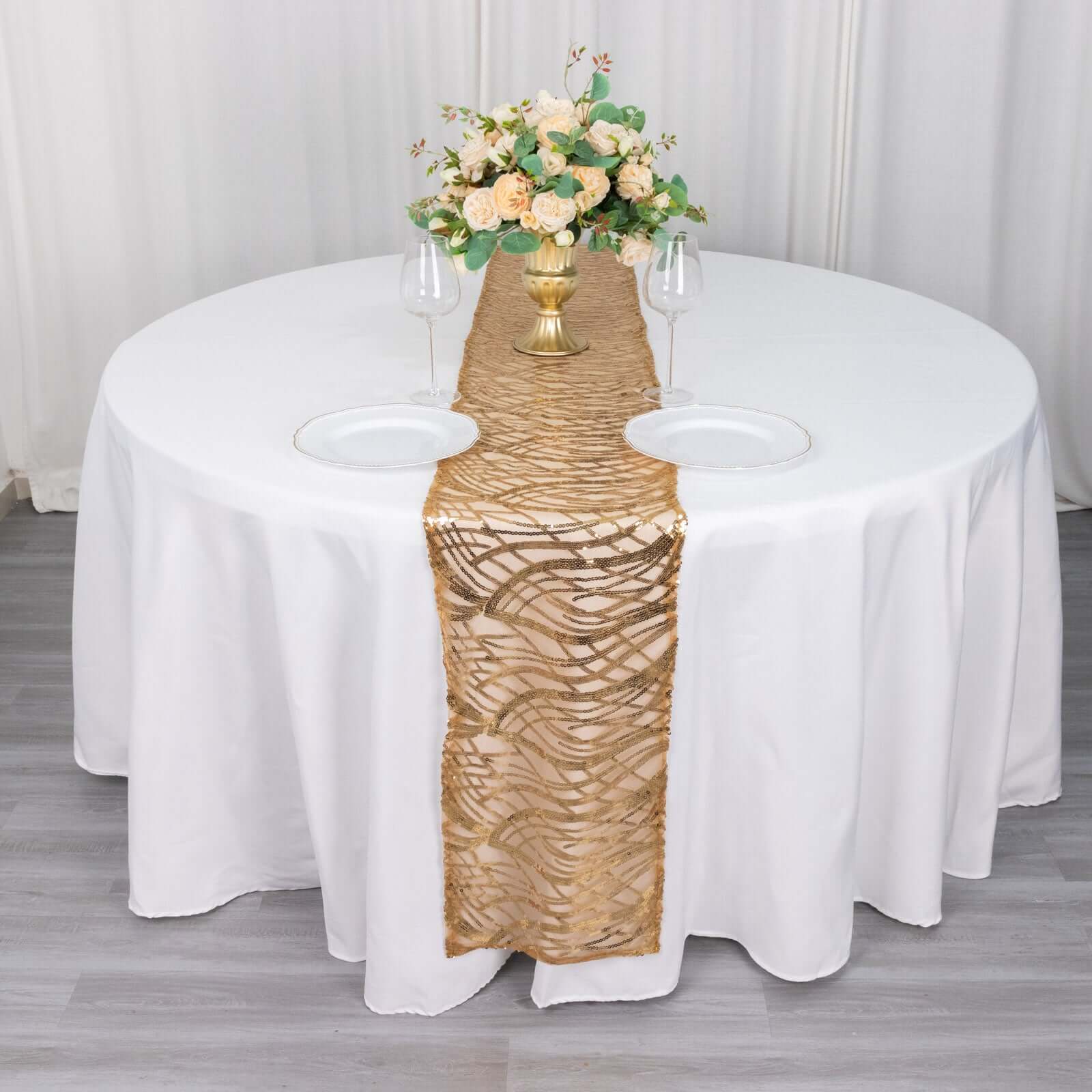 Sequin Mesh 12"x108" Table Runner Gold Wave Embroidered Design for Stylish Occasions - Bell Racket Store