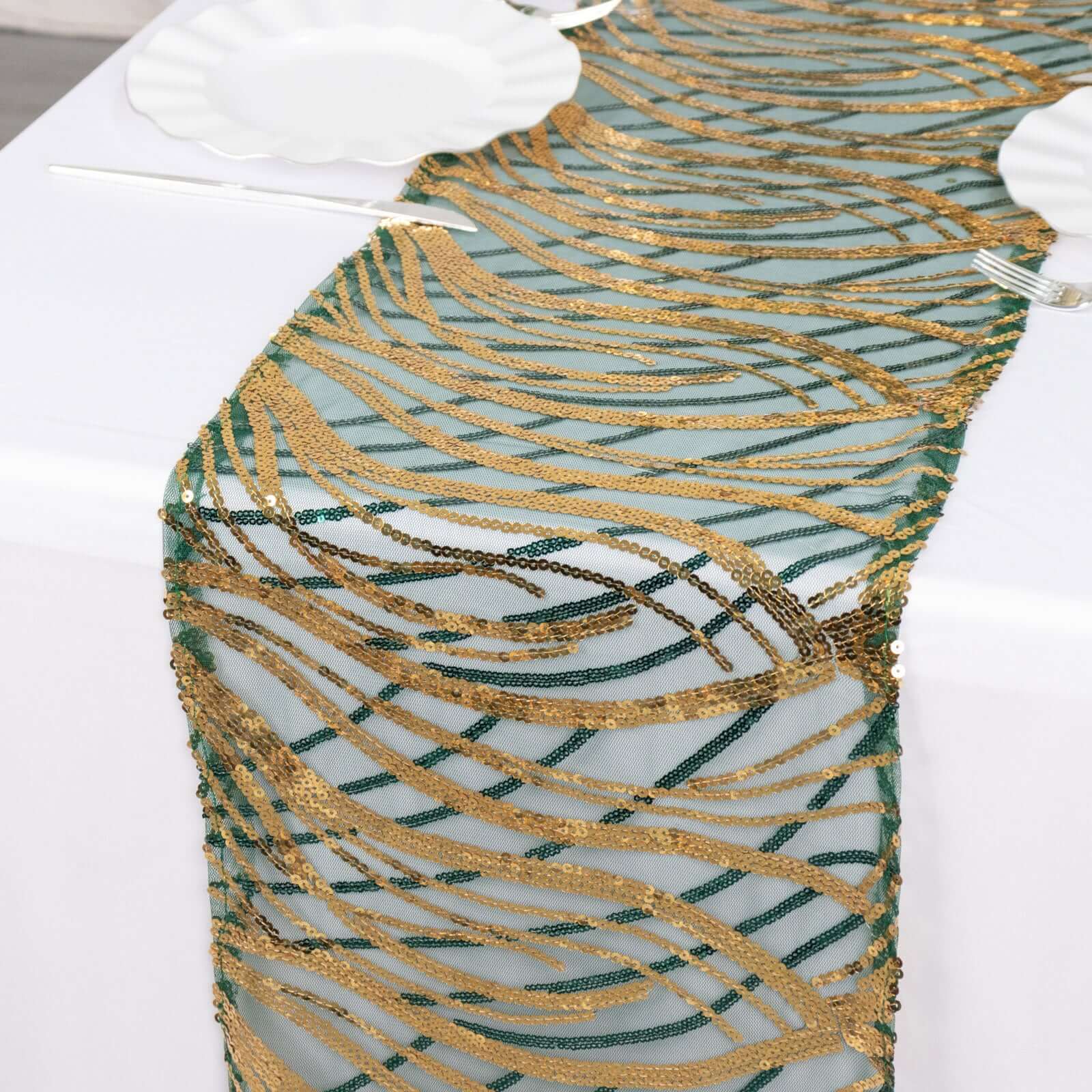 Sequin Mesh 12"x108" Table Runner Hunter Emerald Green/Gold Stylish Wave Embroidery - Bell Racket Store