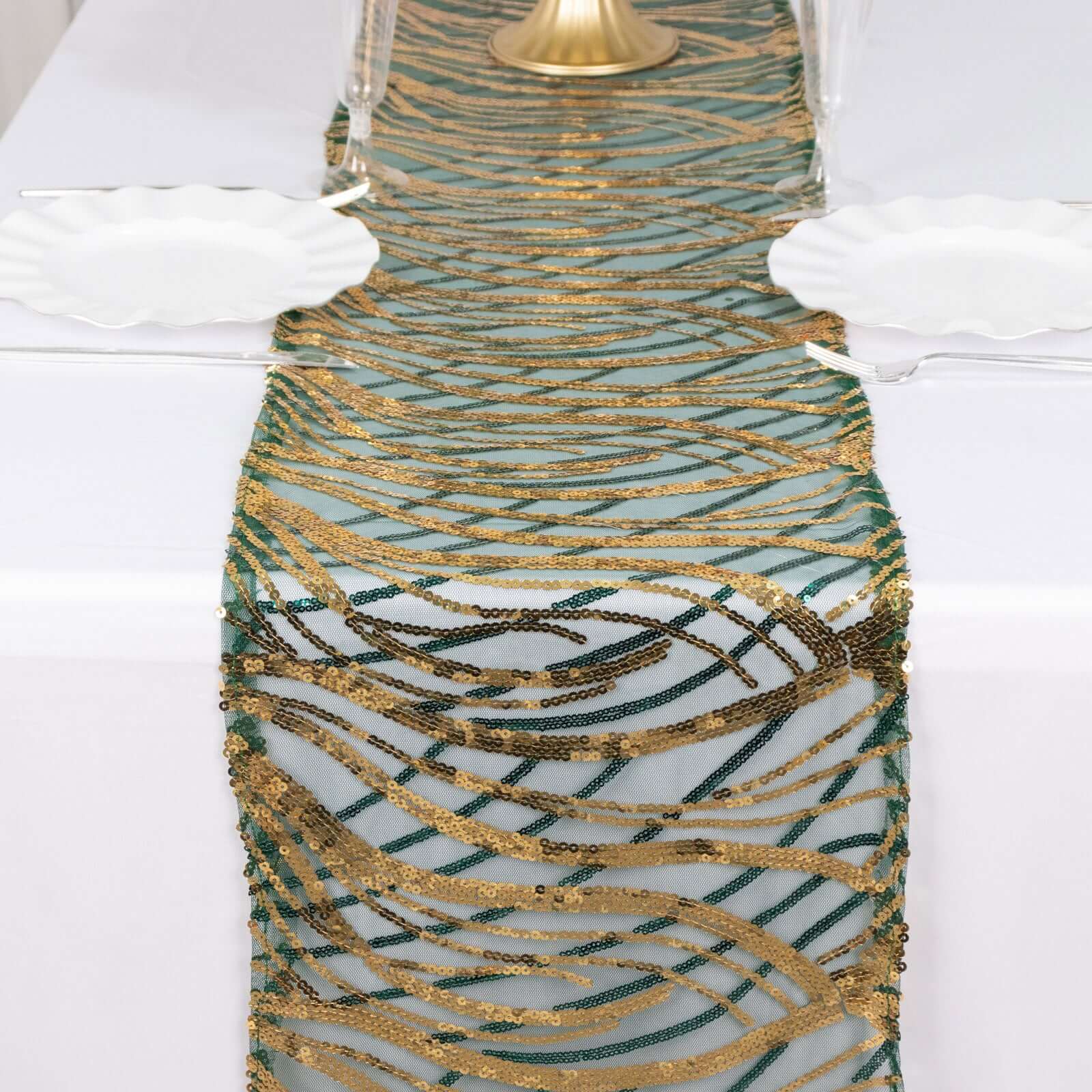 Sequin Mesh 12"x108" Table Runner Hunter Emerald Green/Gold Stylish Wave Embroidery - Bell Racket Store