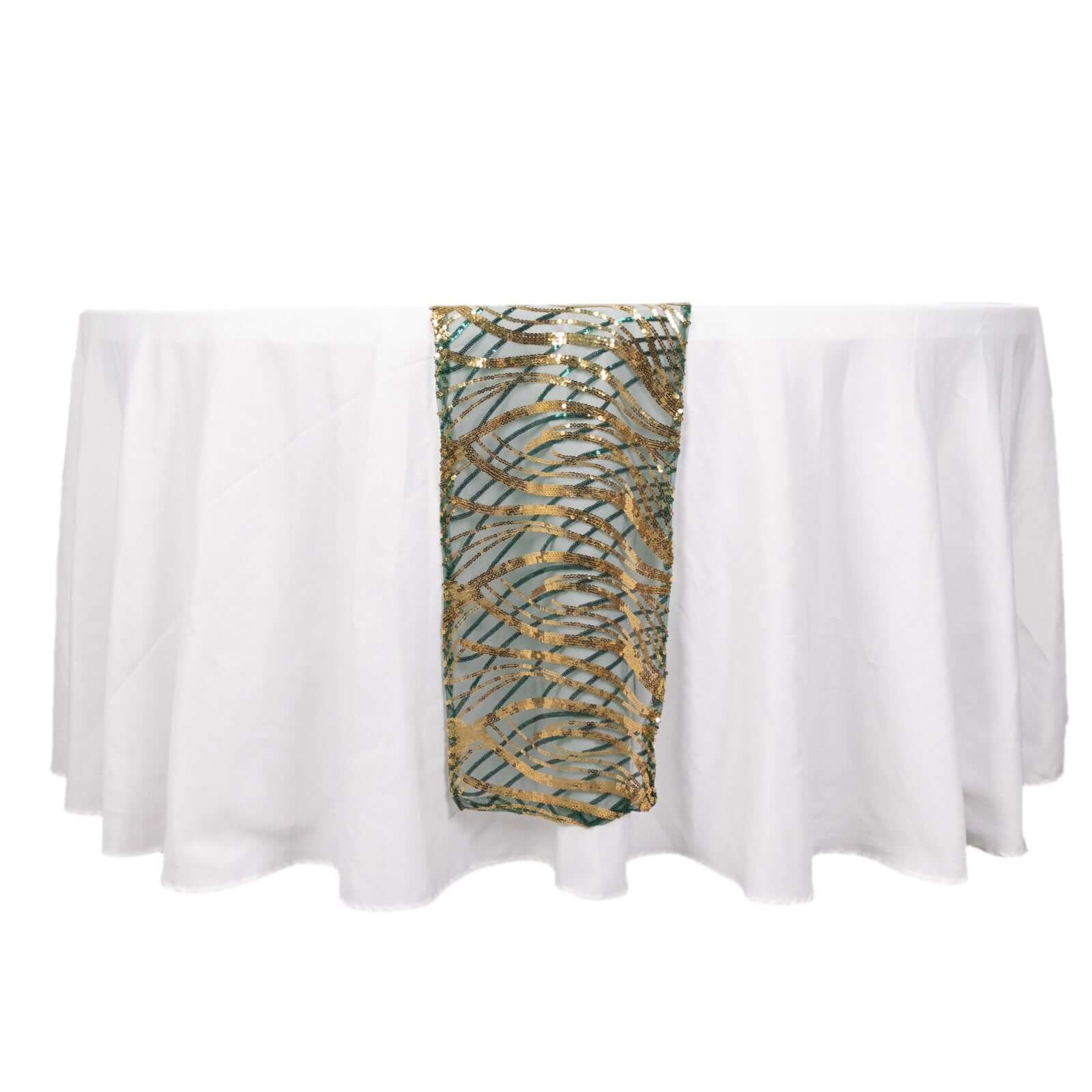 Sequin Mesh 12"x108" Table Runner Hunter Emerald Green/Gold Stylish Wave Embroidery - Bell Racket Store