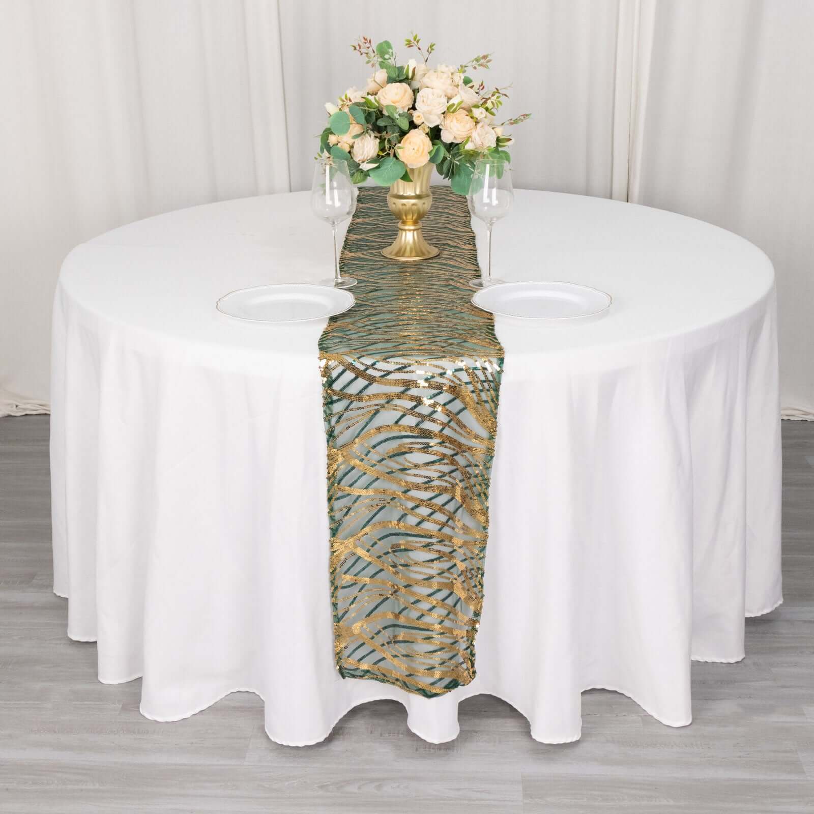 Sequin Mesh 12"x108" Table Runner Hunter Emerald Green/Gold Stylish Wave Embroidery - Bell Racket Store
