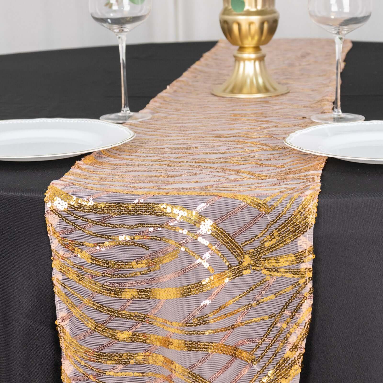 Sequin Mesh 12"x108" Table Runner Rose Gold/Gold Stylish Wave Embroidery - Bell Racket Store