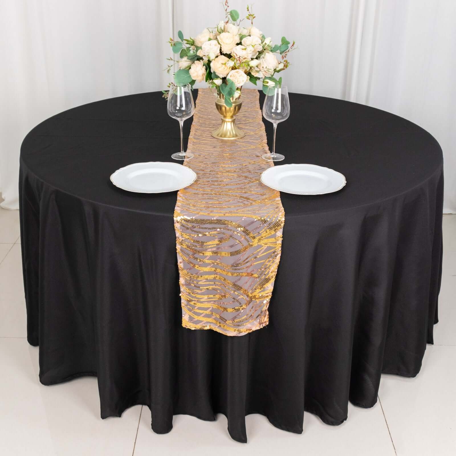 Sequin Mesh 12"x108" Table Runner Rose Gold/Gold Stylish Wave Embroidery - Bell Racket Store