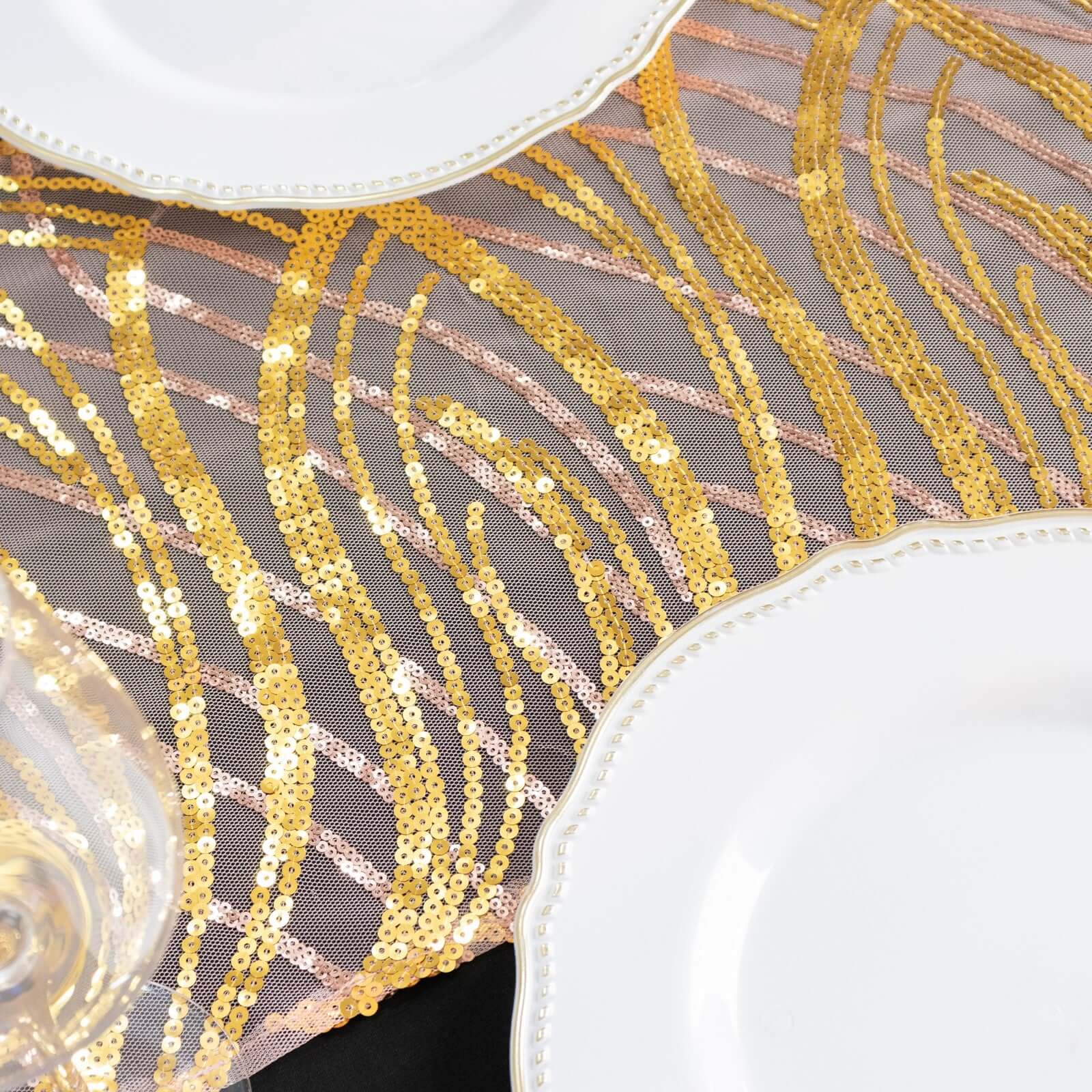 Sequin Mesh 12"x108" Table Runner Rose Gold/Gold Stylish Wave Embroidery - Bell Racket Store
