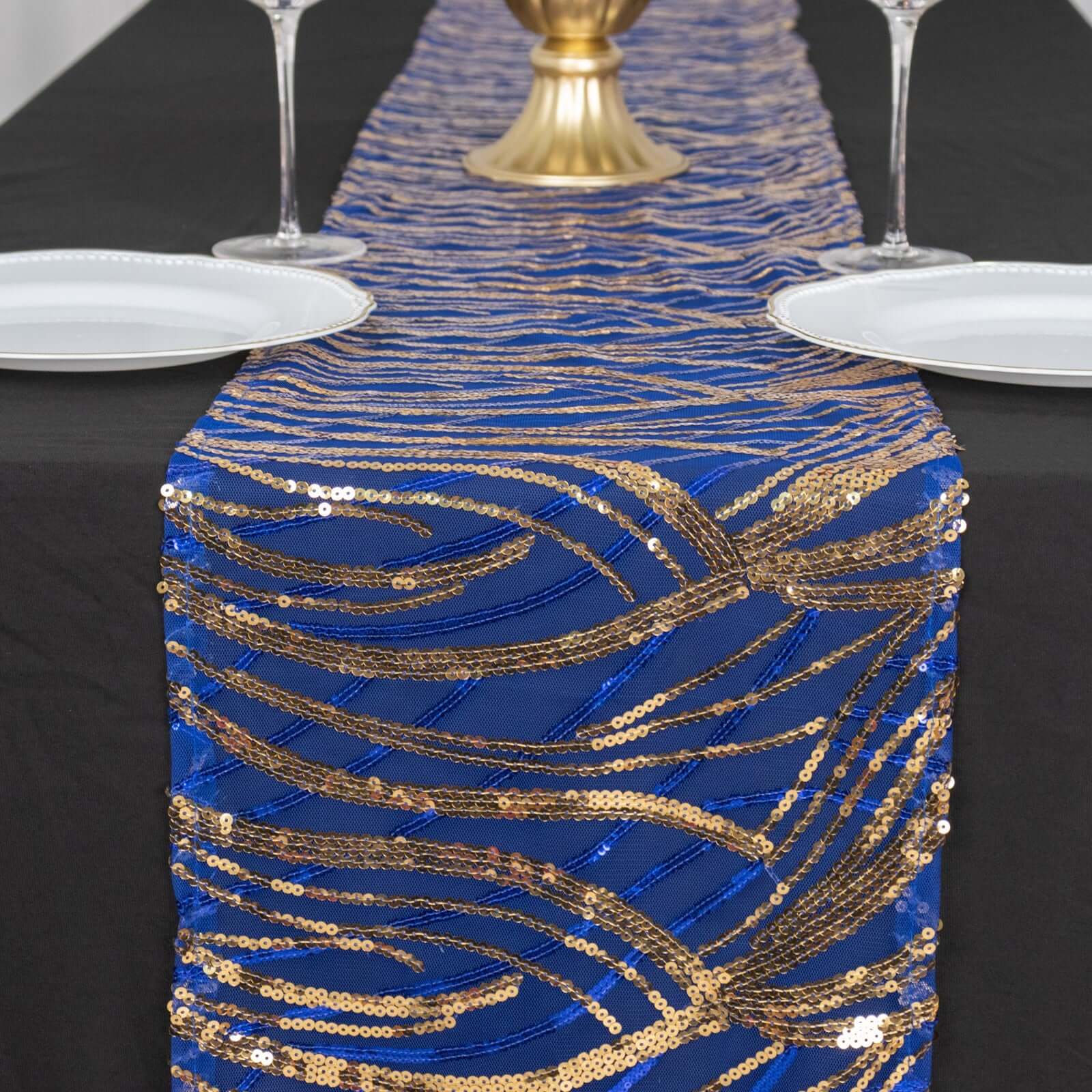 Sequin Mesh 12"x108" Table Runner Royal Blue/Gold Stylish Wave Embroidery - Bell Racket Store