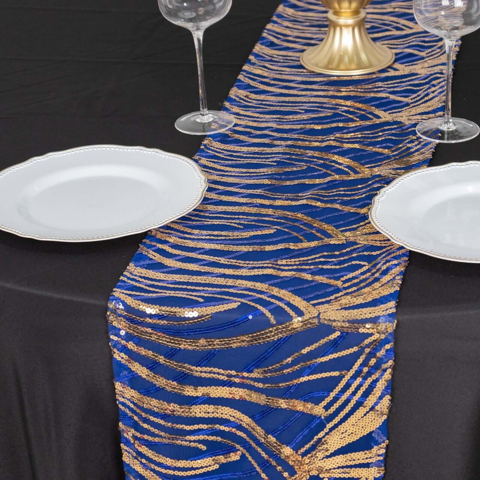 Sequin Mesh 12"x108" Table Runner Royal Blue/Gold Stylish Wave Embroidery - Bell Racket Store