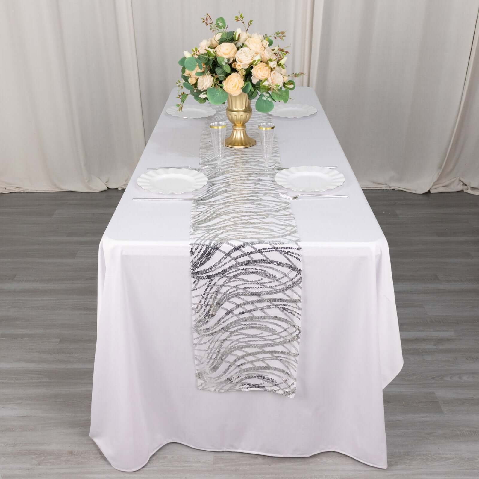 Sequin Mesh 12"x108" Table Runner Silver Stylish Wave Embroidery - Bell Racket Store