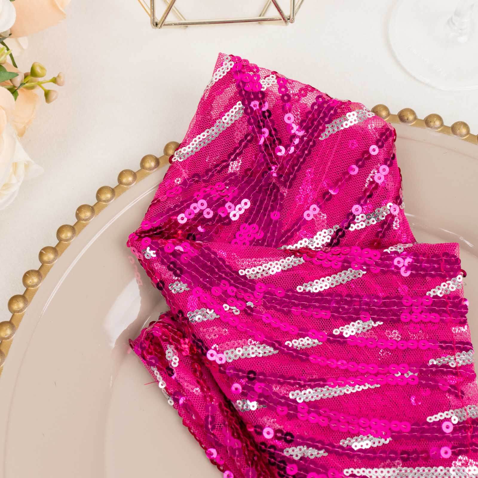 Sequin Mesh 20"x20" Napkin Fuchsia Silver - Wave Embroidered Reusable Napkin - Bell Racket Store