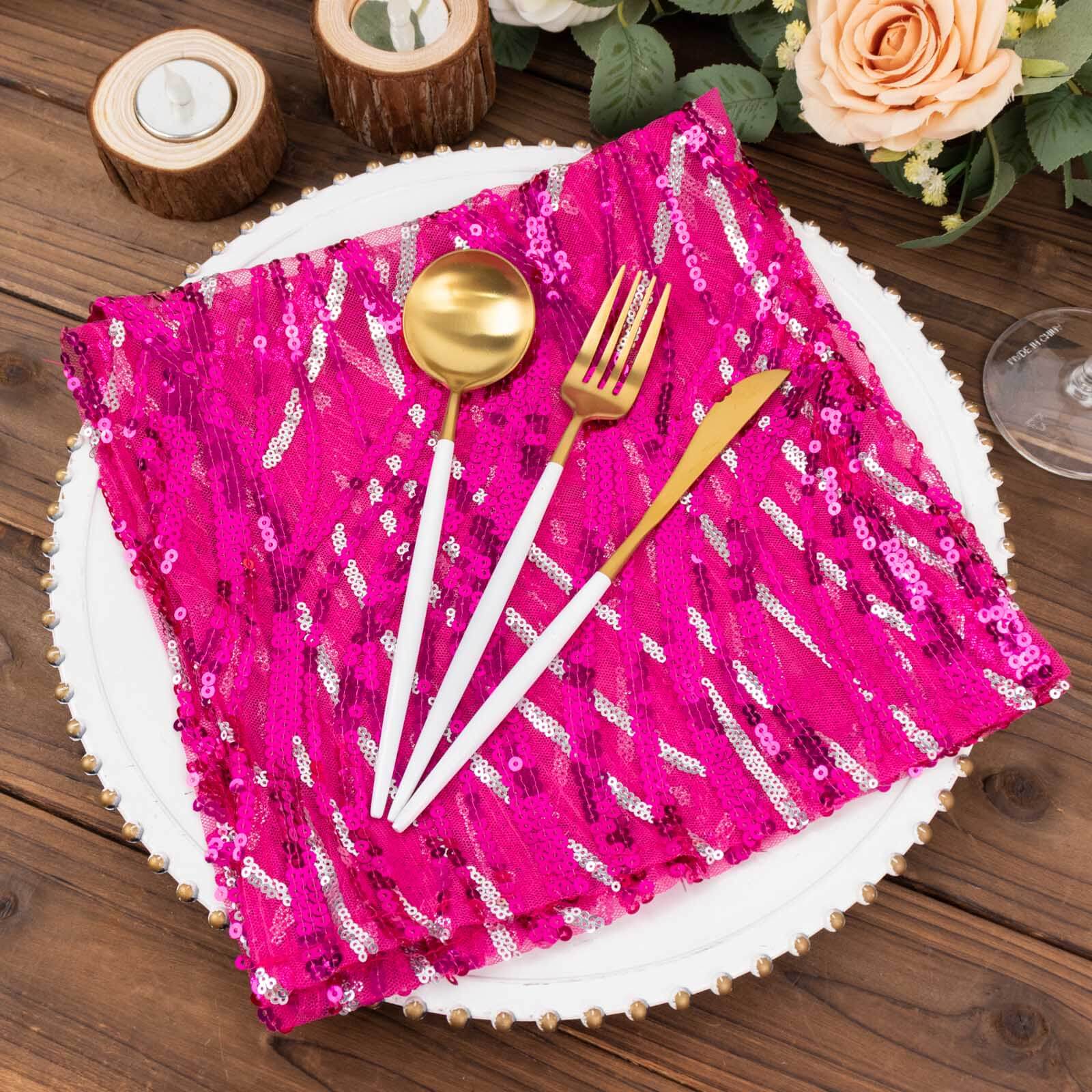 Sequin Mesh 20"x20" Napkin Fuchsia Silver - Wave Embroidered Reusable Napkin - Bell Racket Store