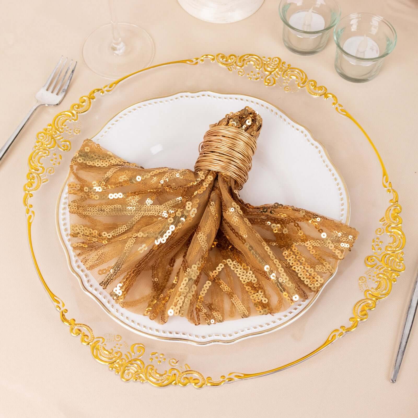 Sequin Mesh 20"x20" Napkin Gold - Wave Embroidered Reusable Cloth Napkin for Glitzy Table Settings - Bell Racket Store