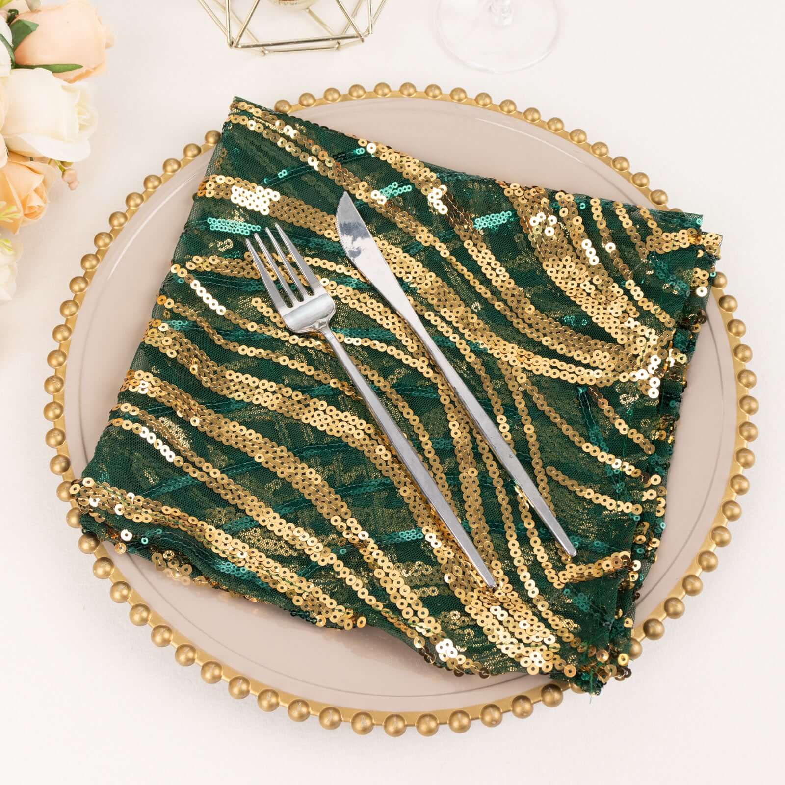 Sequin Mesh 20"x20" Napkin Hunter Emerald Green Gold - Wave Embroidered Reusable Napkin - Bell Racket Store