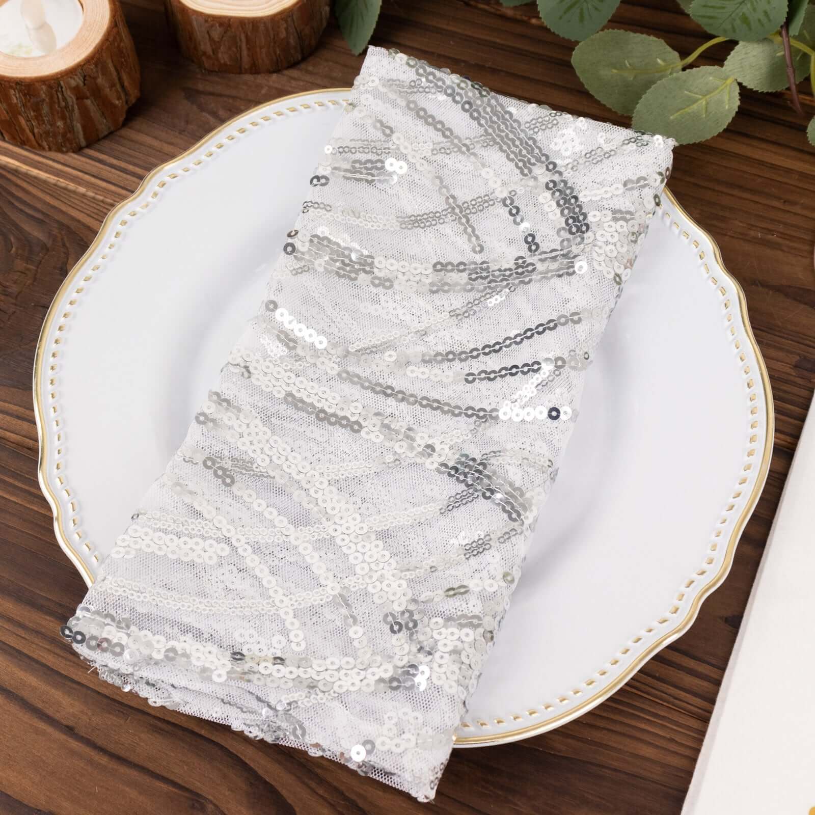 Sequin Mesh 20"x20" Napkin SIlver - Wave Embroidered Reusable Napkin - Bell Racket Store