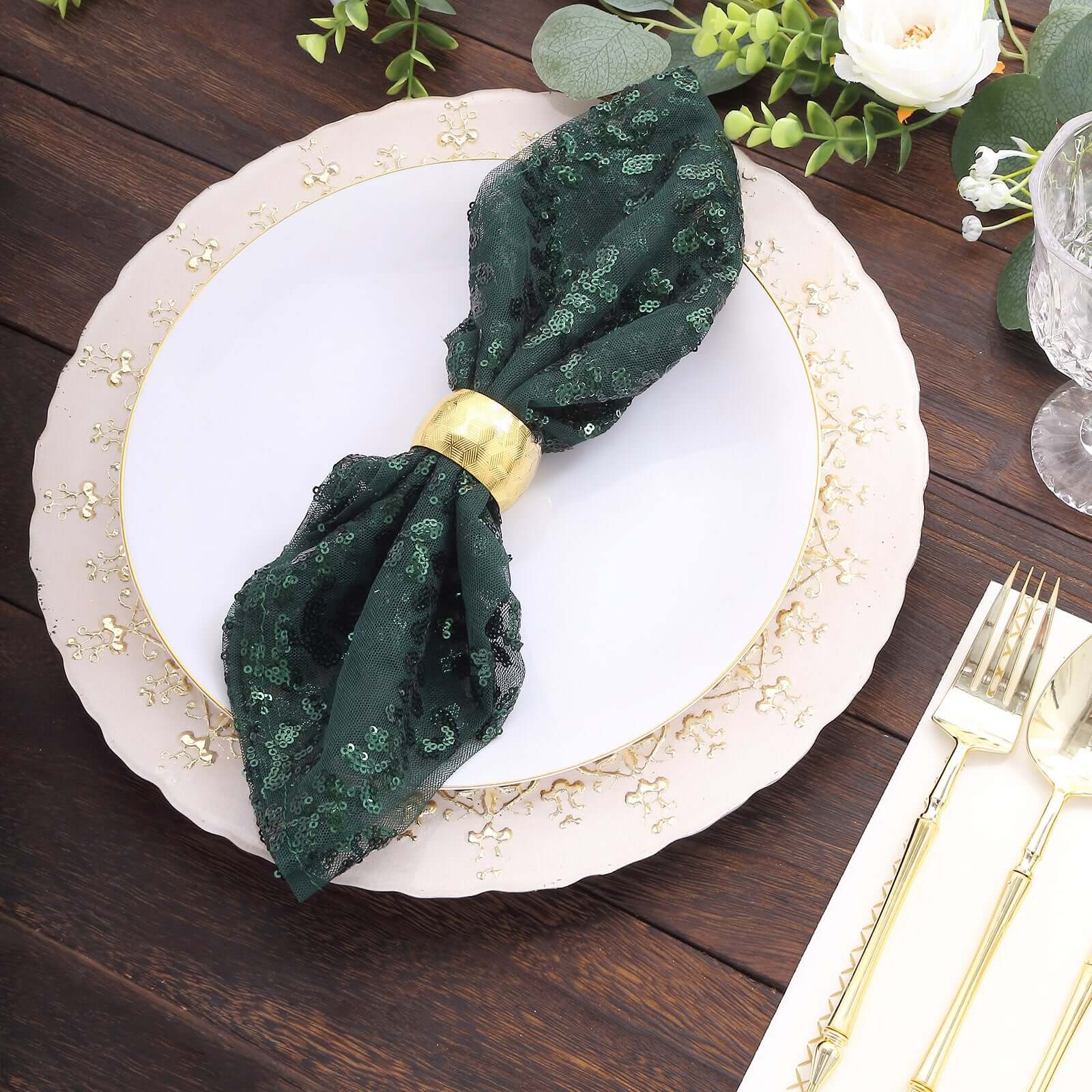 Sequin Tulle 20"x20" Napkin Hunter Emerald Green - Embroidered Leaf Vine Dinner Napkins - Bell Racket Store