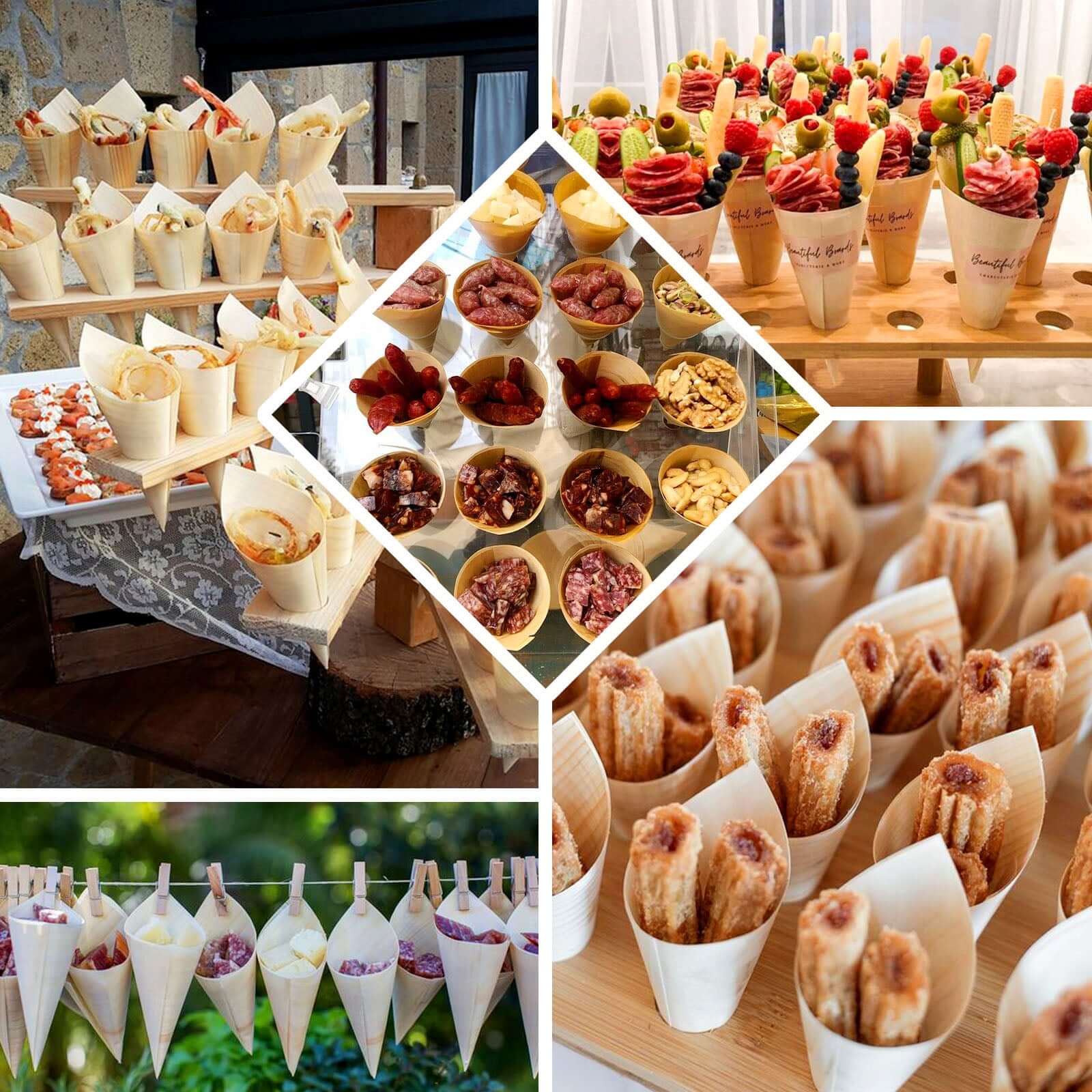 50-Pack Pine Wood Food Cones Eco Friendly Natural Disposable Design - 100% Biodegradable Tasting Serving Cones 6"