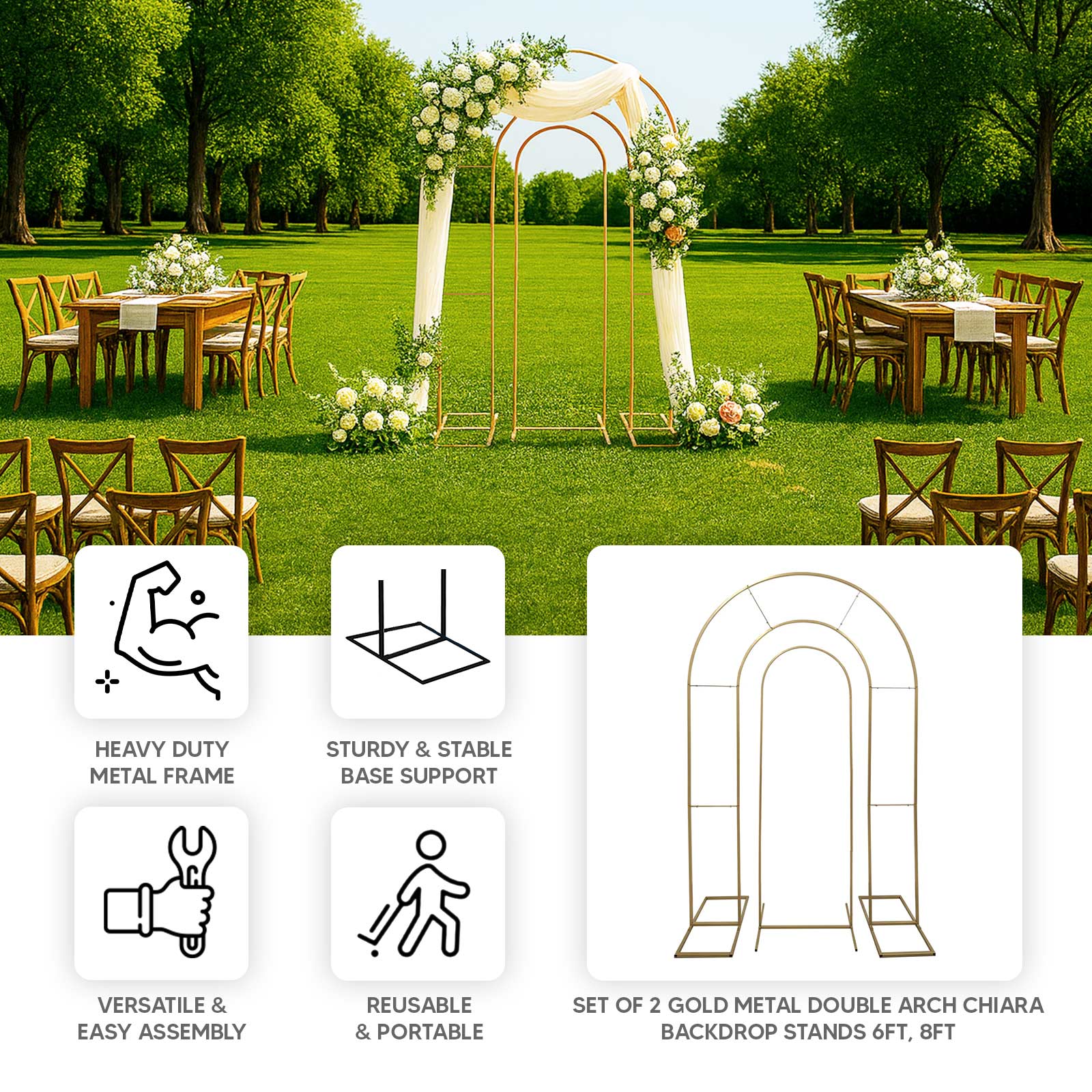 Set of 2 Gold Metal Round Top Chiara Backdrop Stand Wedding Arches, Double Arch Floral Balloon Frame Ceremony Arbors - 6ft,8ft - Bell Racket Store