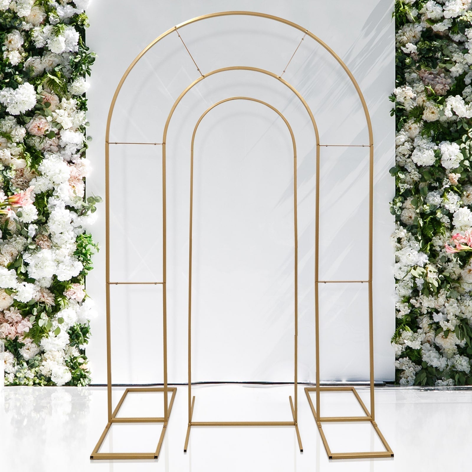 Set of 2 Gold Metal Round Top Chiara Backdrop Stand Wedding Arches, Double Arch Floral Balloon Frame Ceremony Arbors - 6ft,8ft - Bell Racket Store