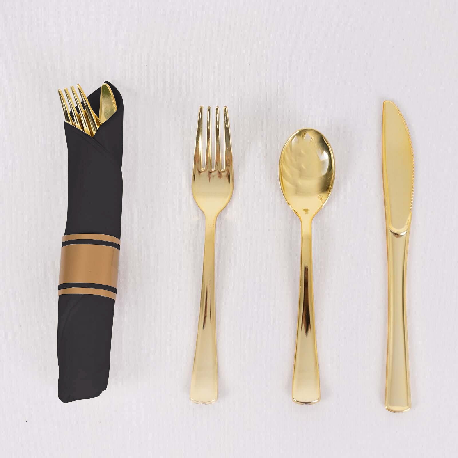 Set of 24 Gold Plastic Silverware with Pre - Rolled Black Paper Napkins - Disposable Wrapped Fork, Spoon, and Knife Set - Bell Racket Store